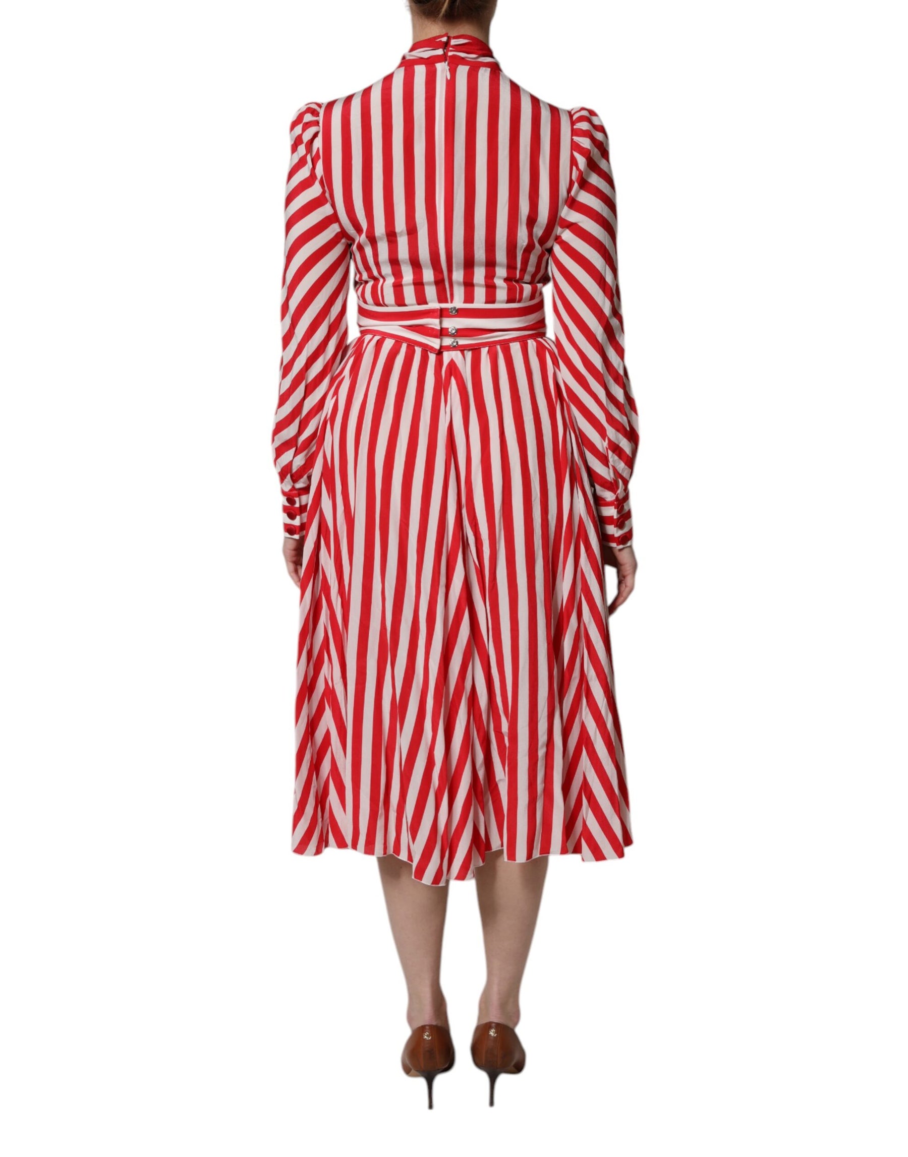 Dolce & Gabbana White Red Stripes Long Sleeves Midi Dress | Regal Royce
