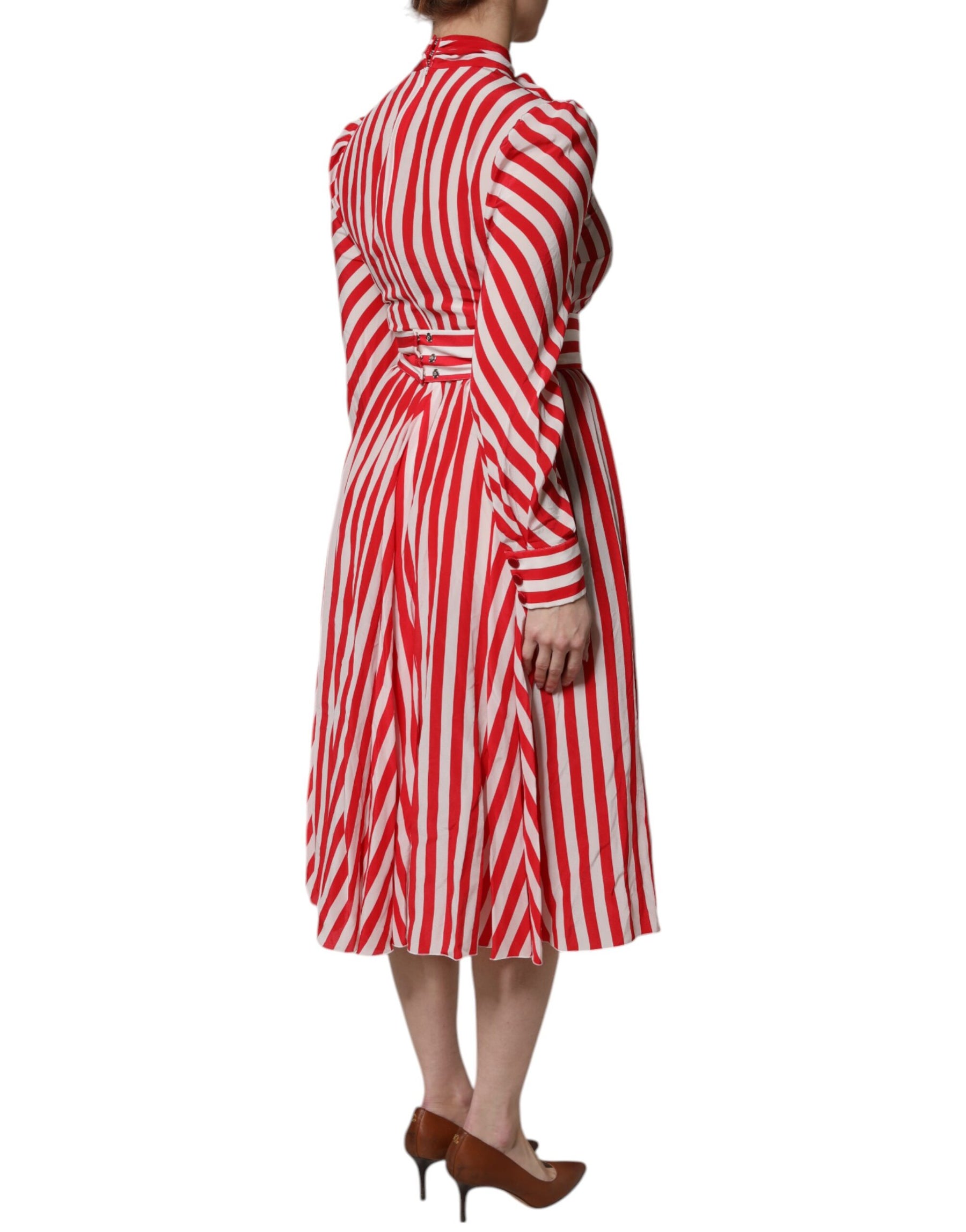 Dolce & Gabbana White Red Stripes Long Sleeves Midi Dress | Regal Royce