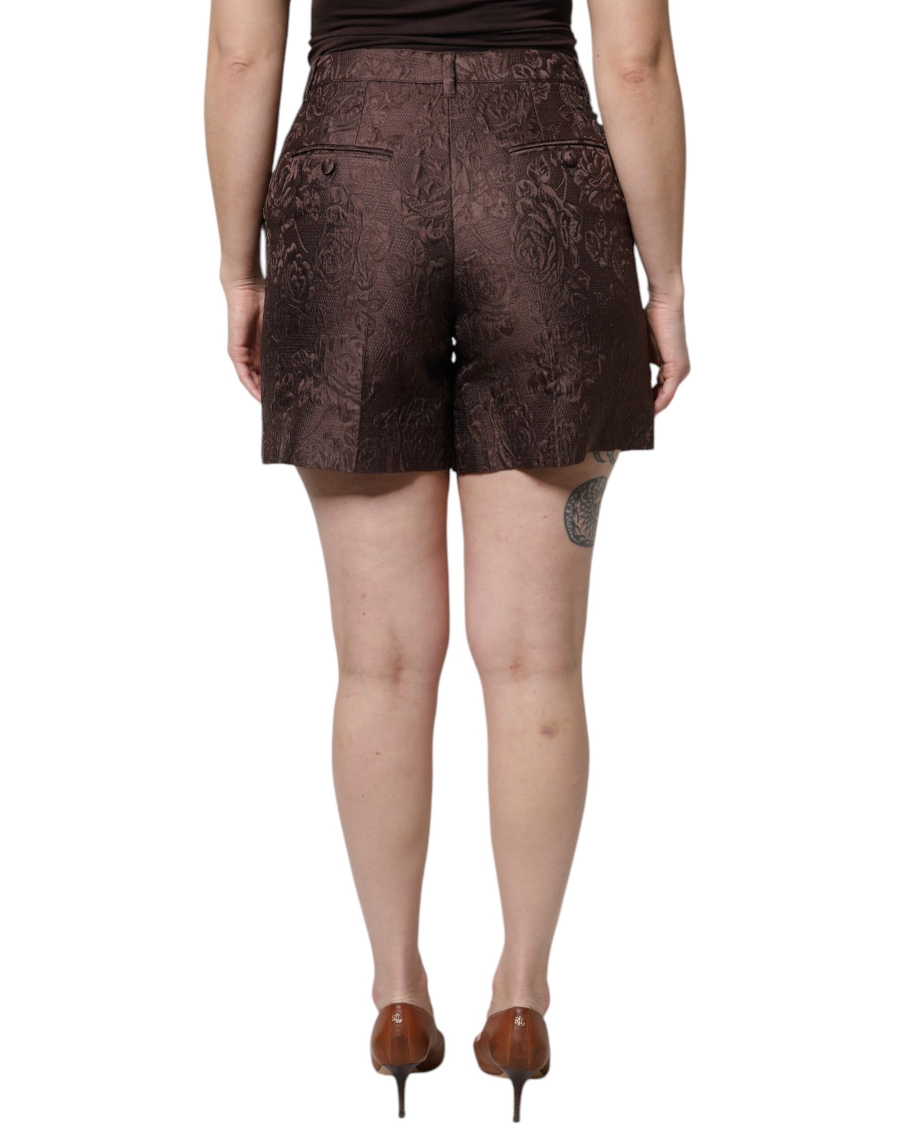 Dolce & Gabbana Brown Floral Brocade Mid Waist Mini Short | Regal Royce