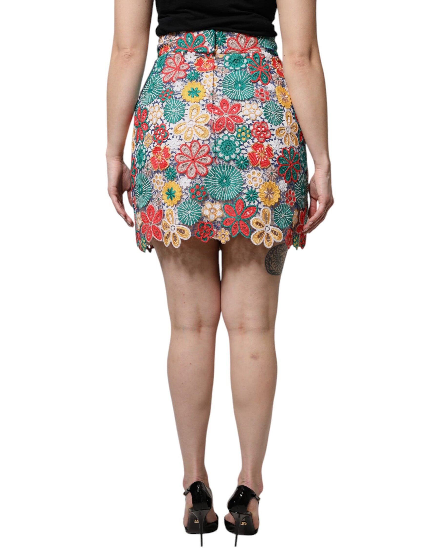 Dolce & Gabbana Multicolor Floral Lace High Waist Mini Skirt | Regal Royce