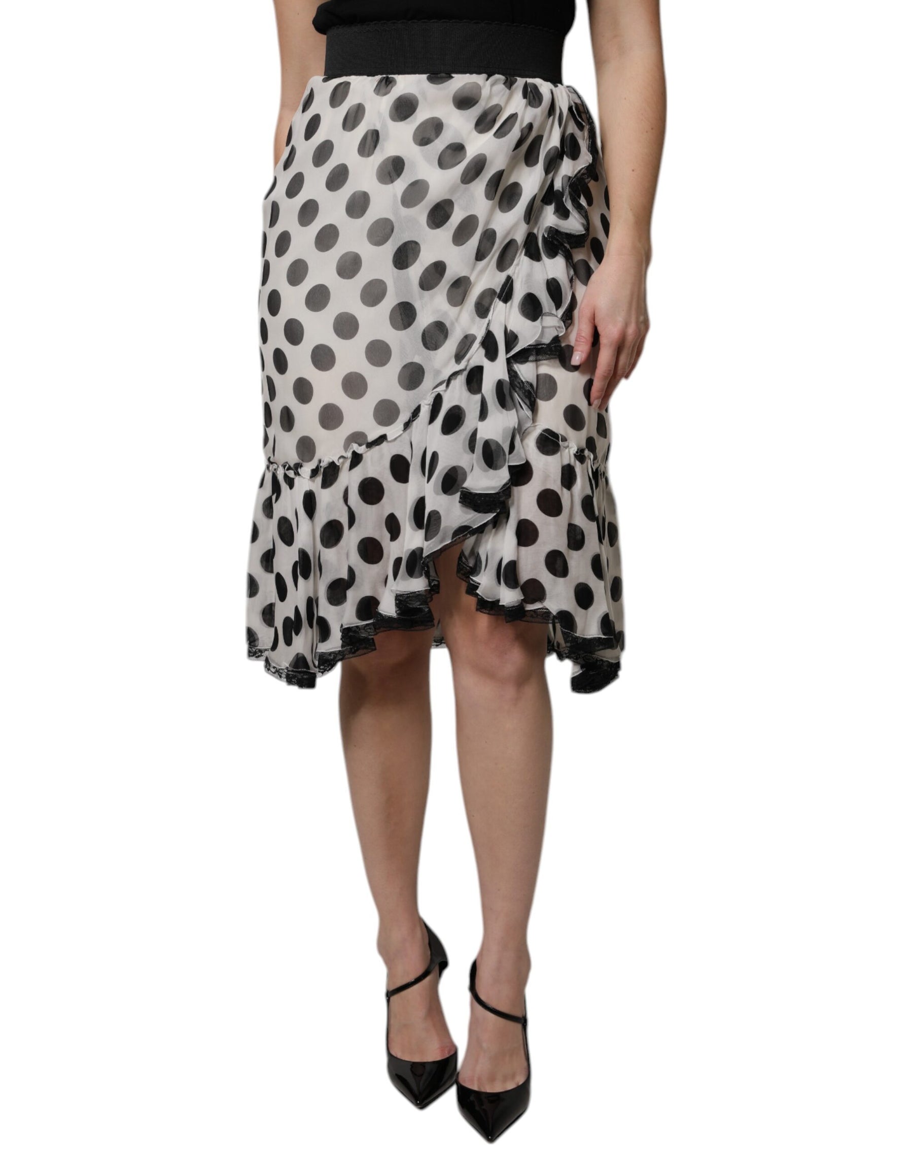 Dolce & Gabbana White Black Polka Dots Knee Length Skirt | Regal Royce