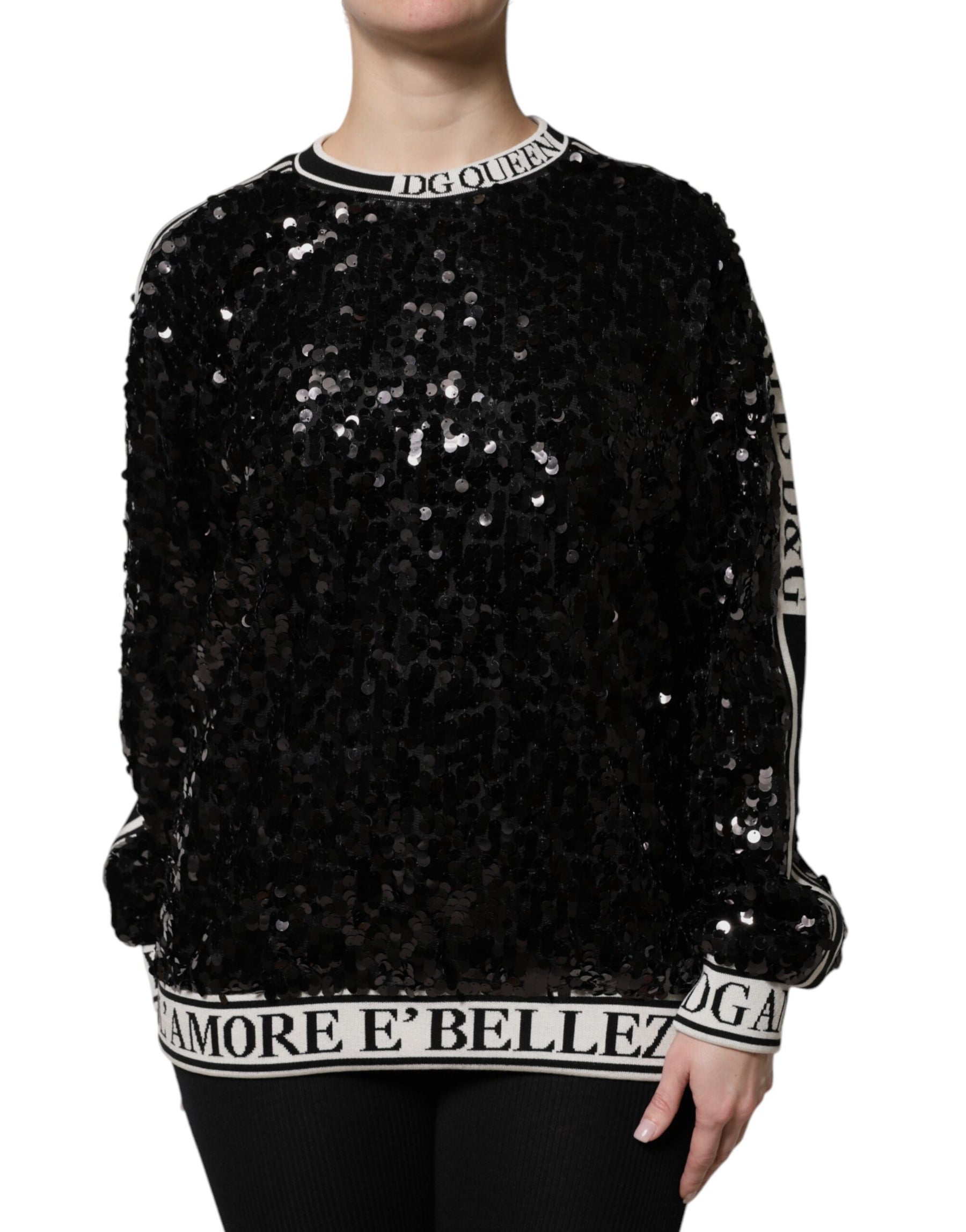Dolce & Gabbana Black DG Queen Sequin Pullover Sweater | Regal Royce