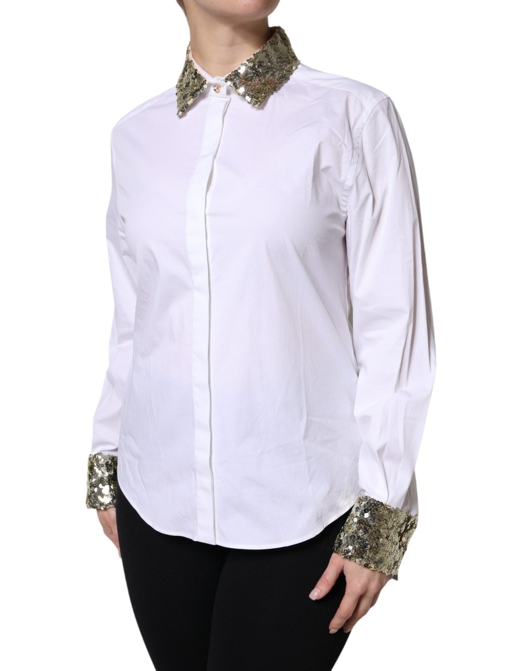 Dolce & Gabbana White Cotton Long Sleeves Sequin Shirt Top | Regal Royce