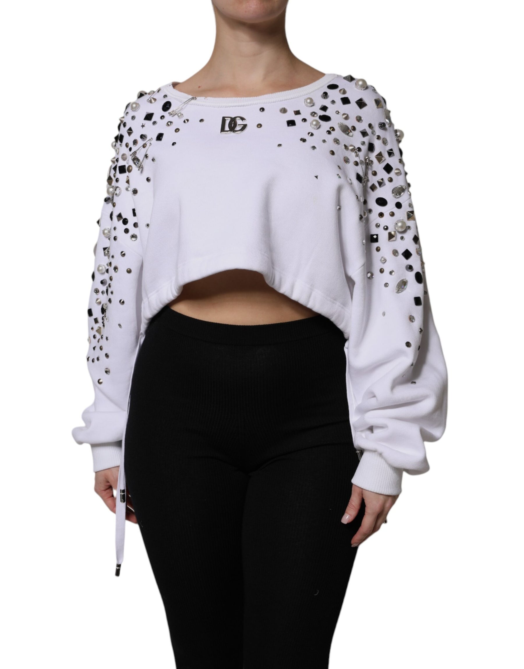 Dolce & Gabbana White Embellished Long Sleeve Cropped Sweater | Regal Royce