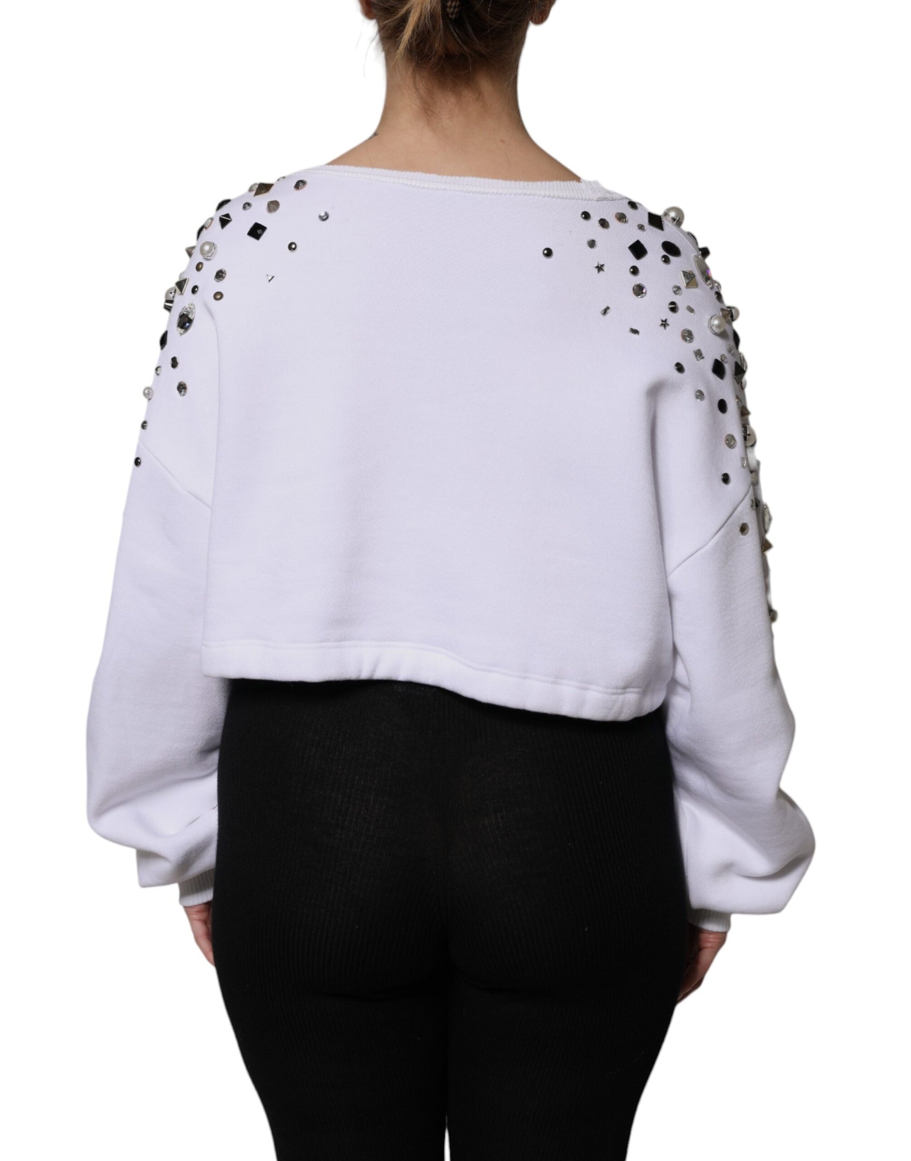 Dolce & Gabbana White Embellished Long Sleeve Cropped Sweater | Regal Royce