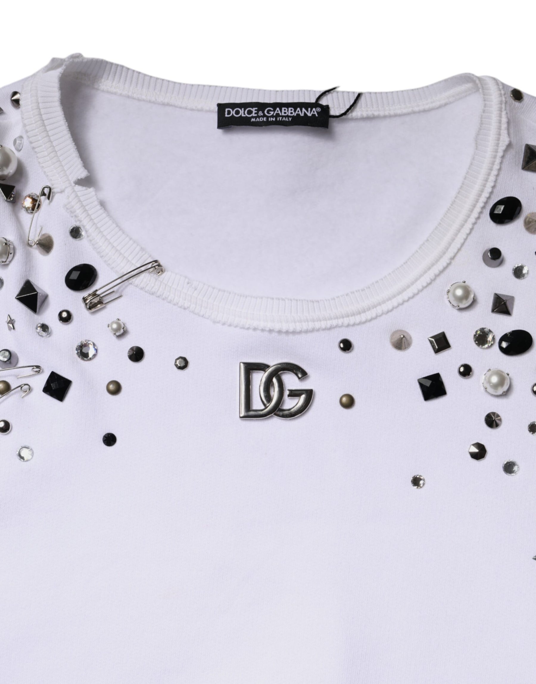Dolce & Gabbana White Embellished Long Sleeve Cropped Sweater | Regal Royce