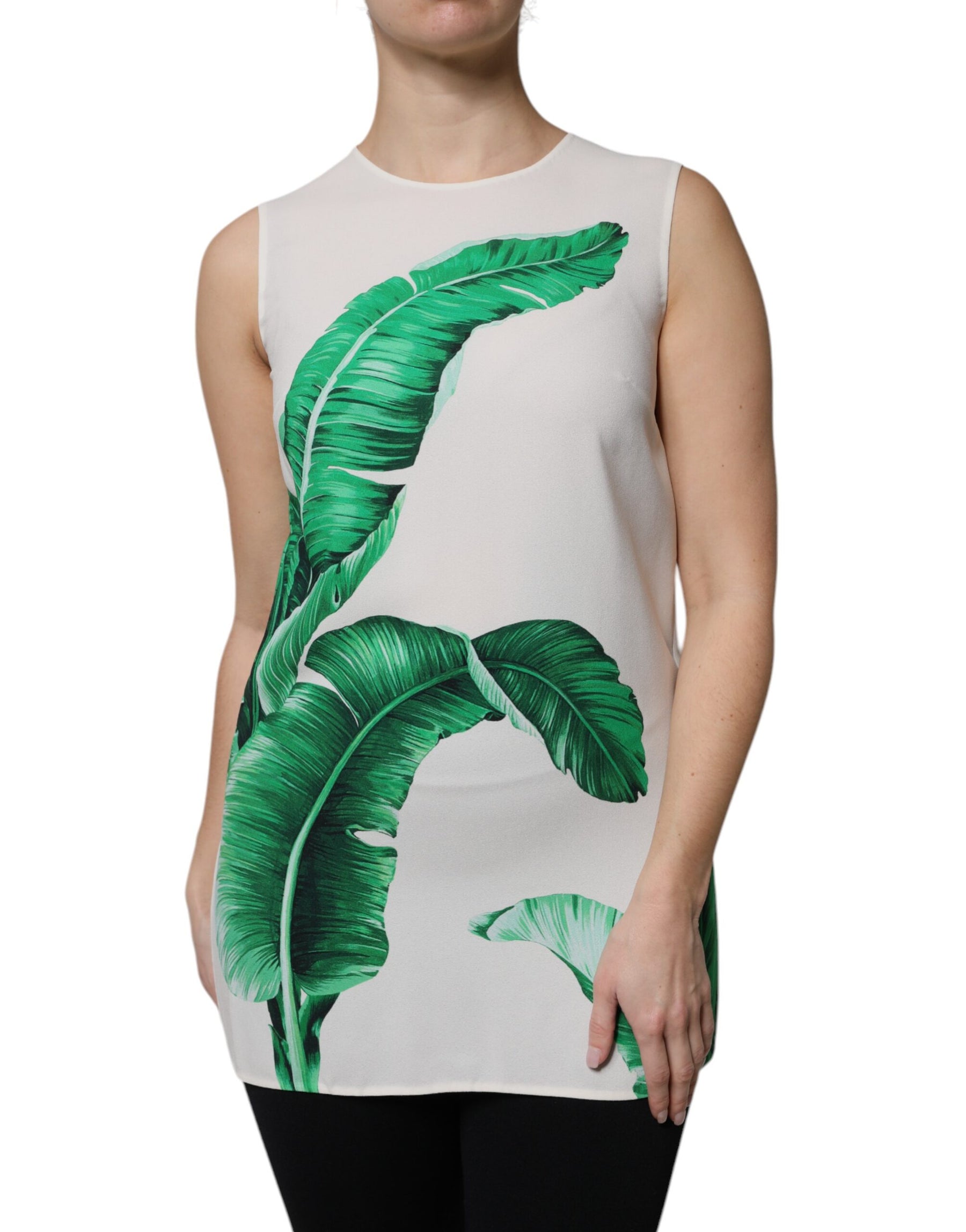Dolce & Gabbana White Banana Leaf Print Round Neck Tank Top | Regal Royce