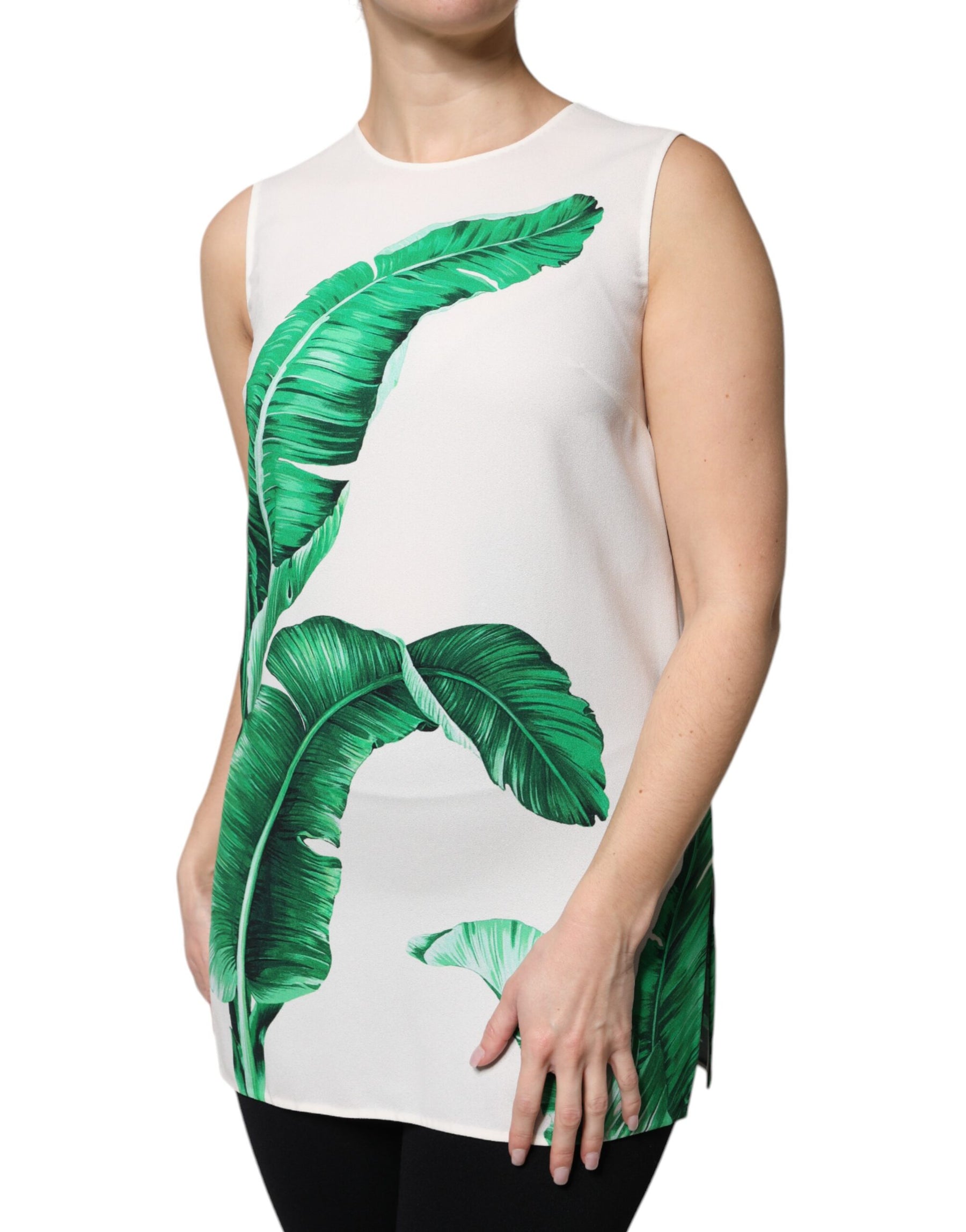 Dolce & Gabbana White Banana Leaf Print Round Neck Tank Top | Regal Royce