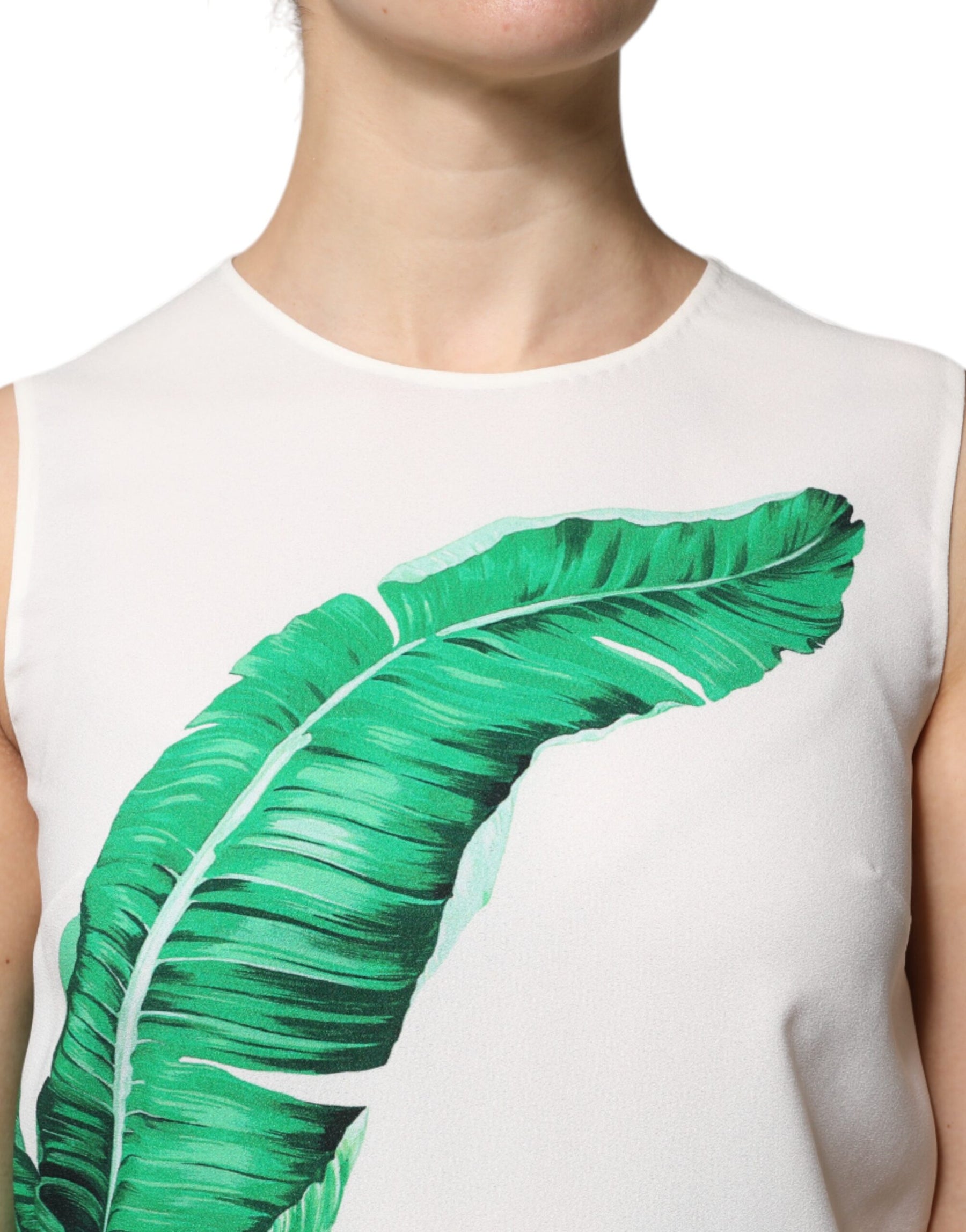Dolce & Gabbana White Banana Leaf Print Round Neck Tank Top | Regal Royce
