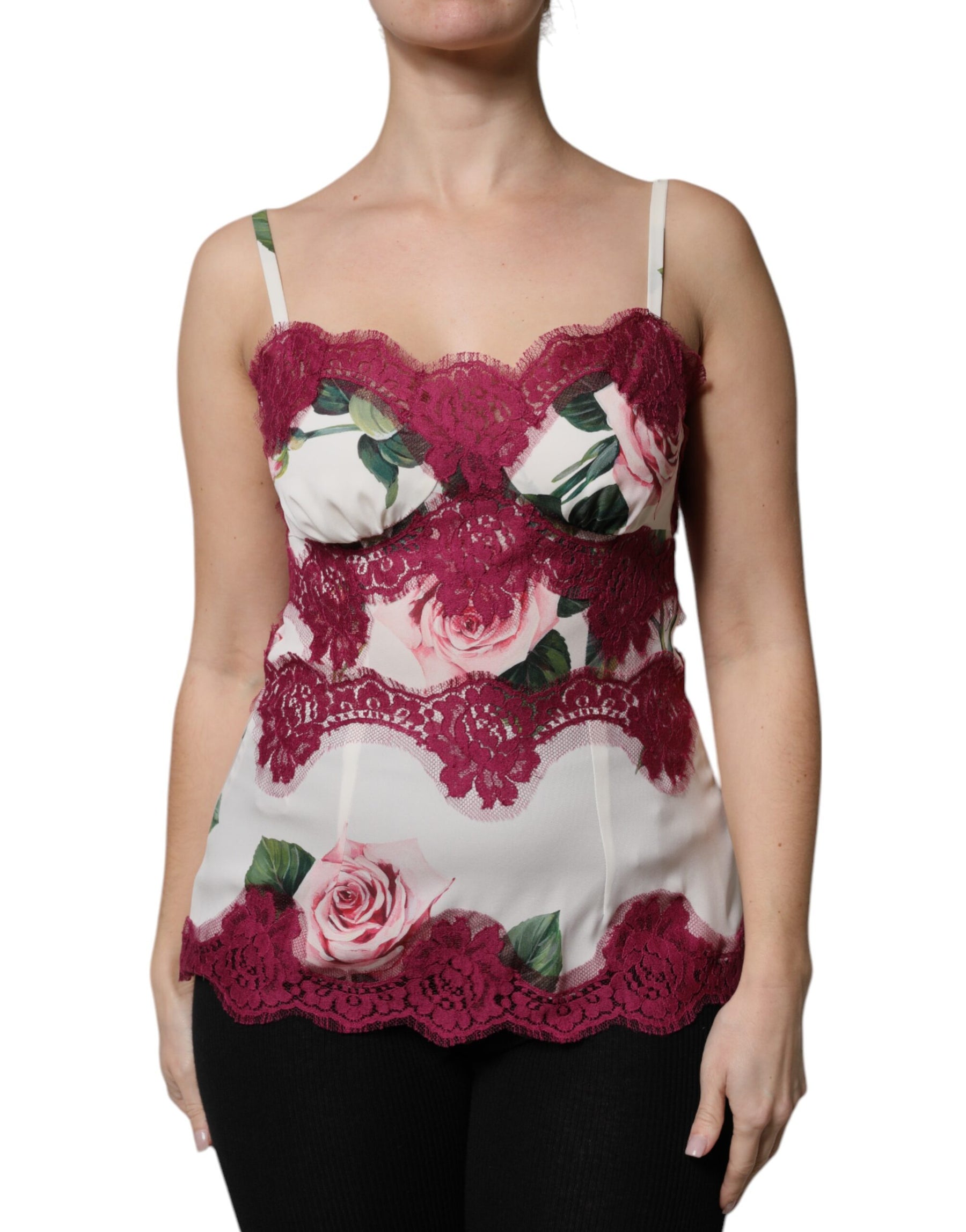 Dolce & Gabbana White Rose Print Satin Lace Tank Top Lingerie | Regal Royce