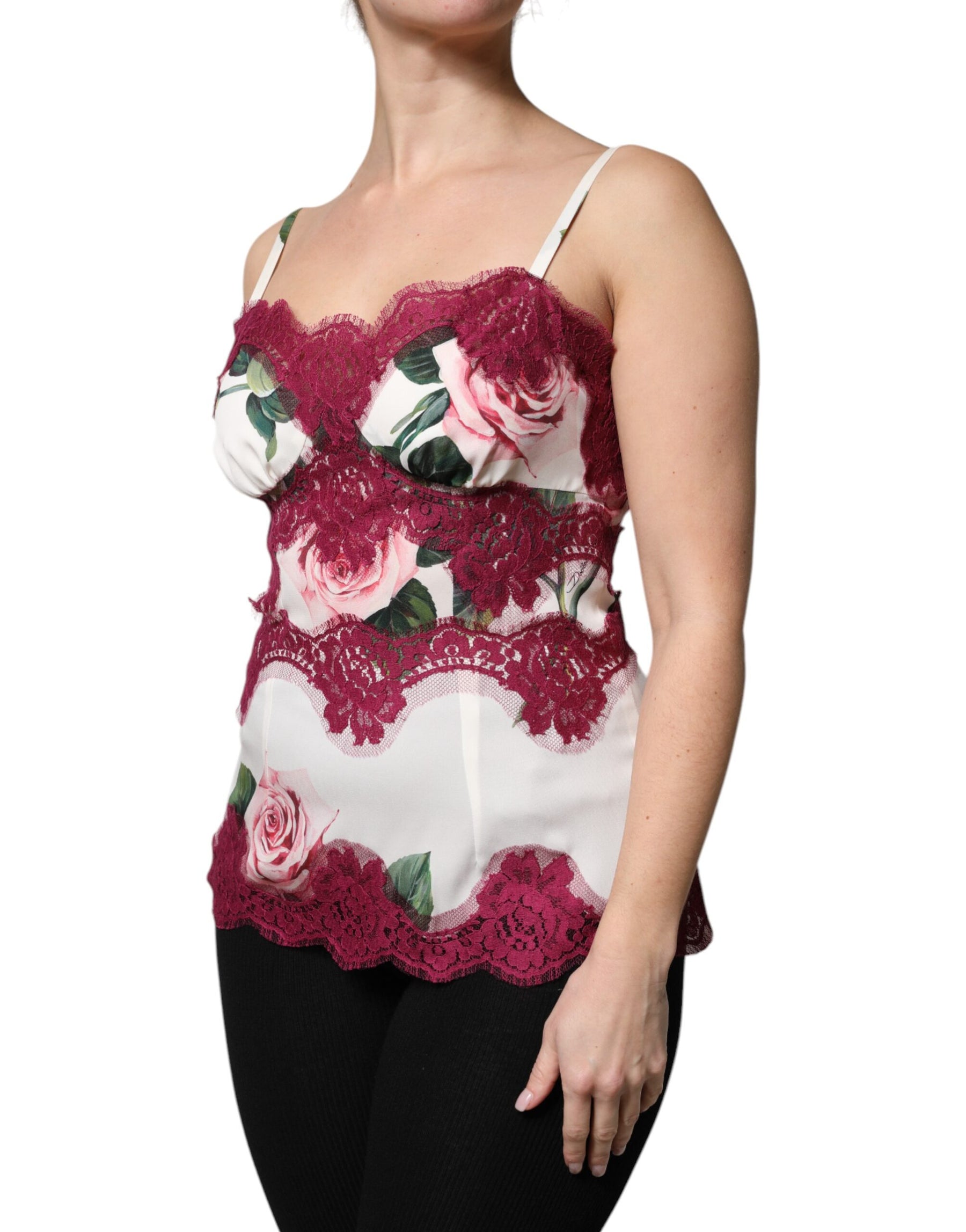Dolce & Gabbana White Rose Print Satin Lace Tank Top Lingerie | Regal Royce