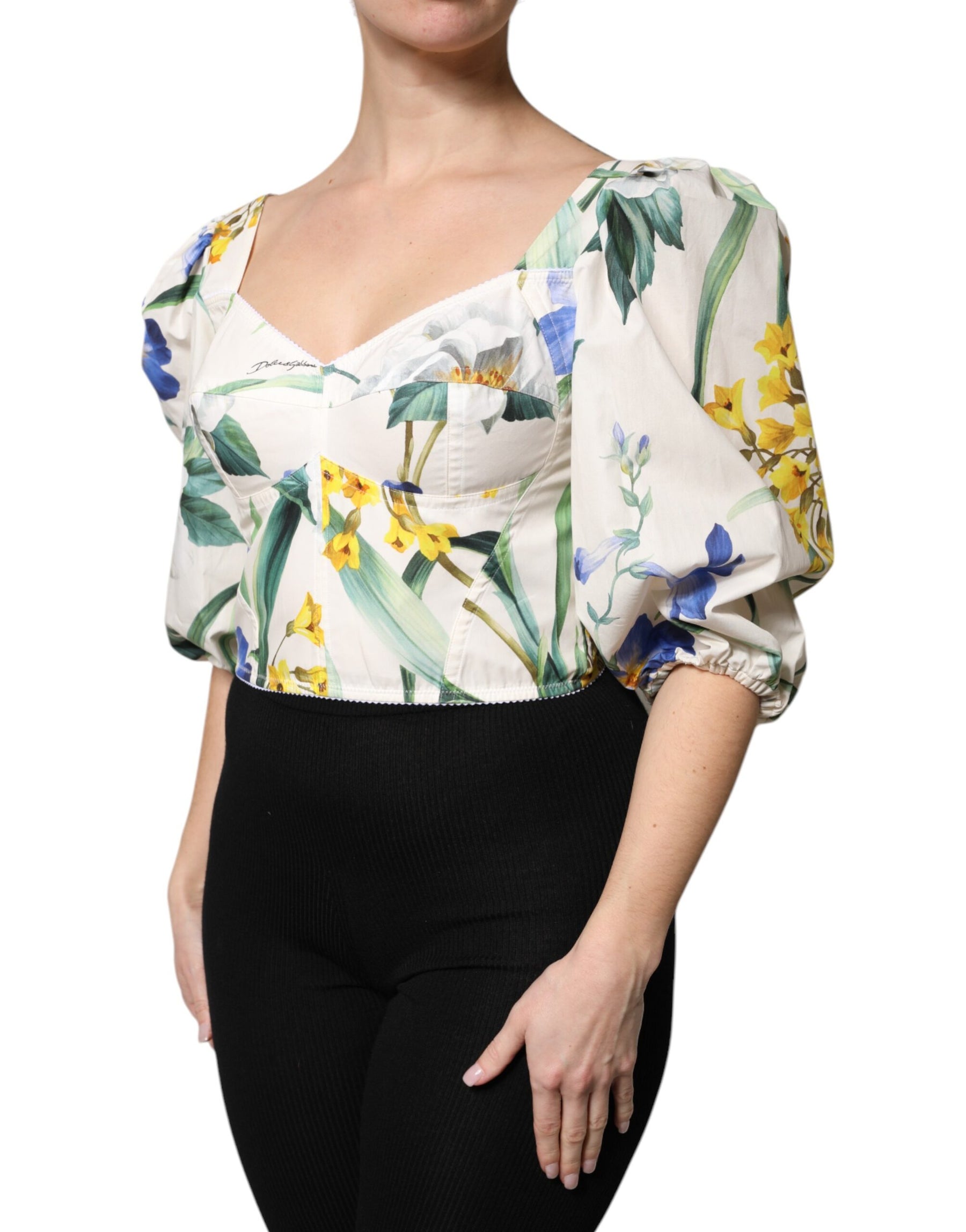 Dolce & Gabbana White Floral Puff Sleeves Crop Blouse Top | Regal Royce