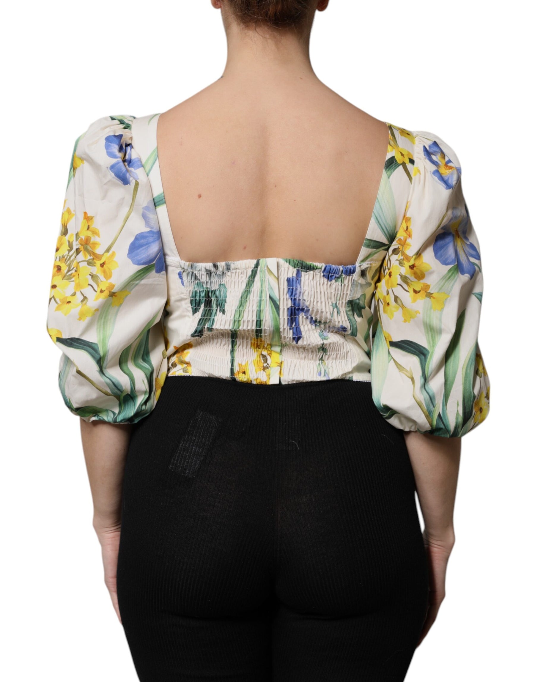 Dolce & Gabbana White Floral Puff Sleeves Crop Blouse Top | Regal Royce