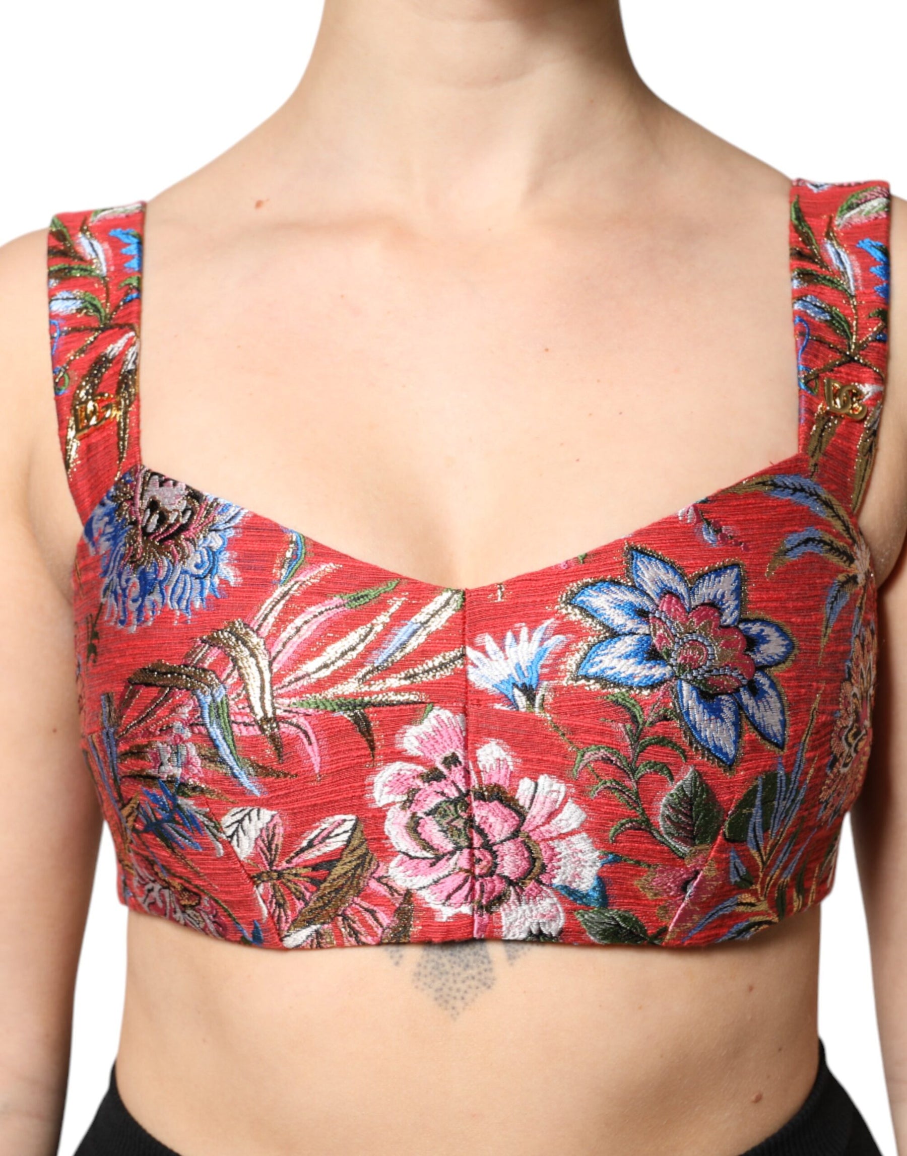 Dolce & Gabbana Red Floral Brocade Cropped Bustier Corset Top | Regal Royce