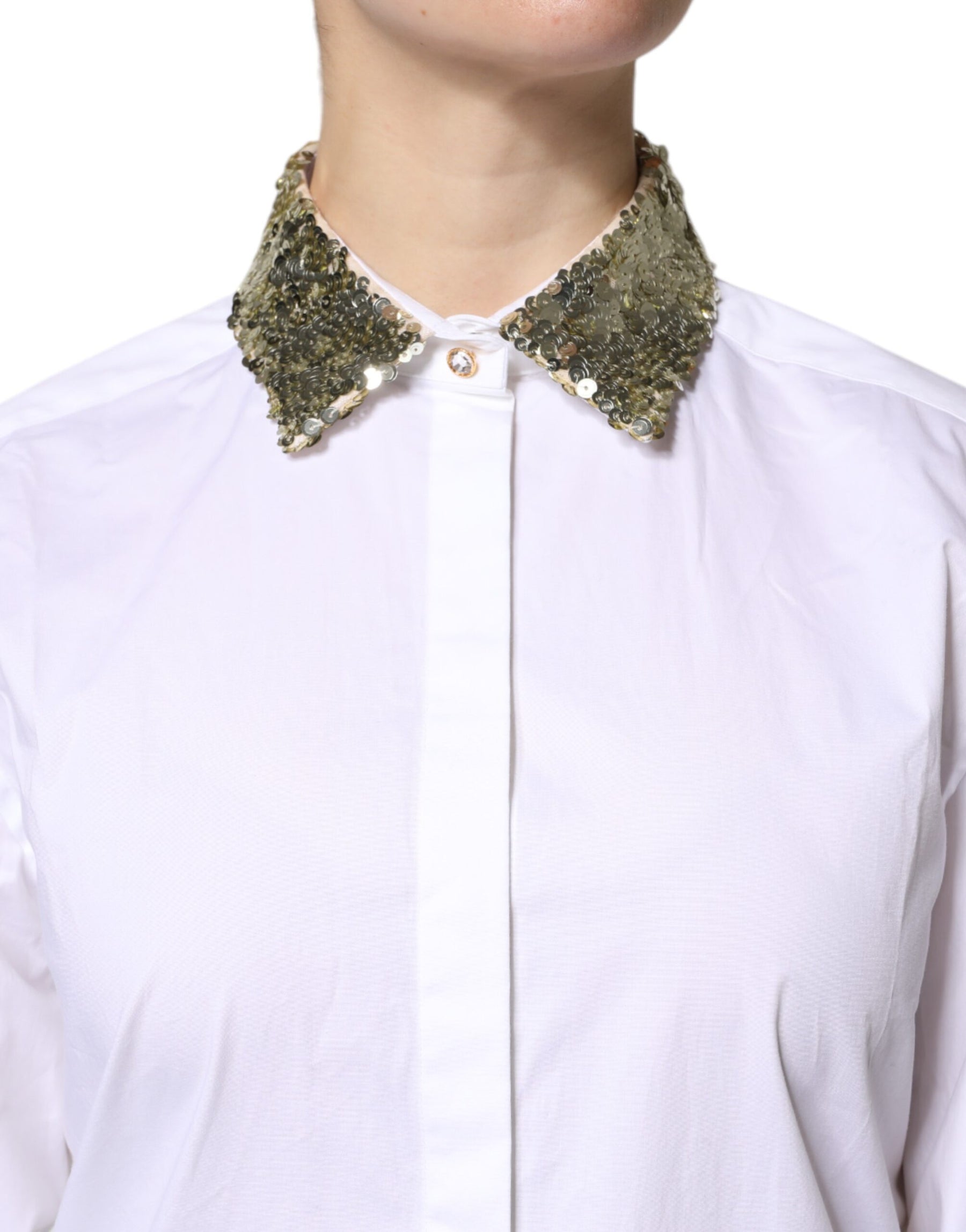 Dolce & Gabbana White Cotton Long Sleeves Sequin Shirt Top | Regal Royce