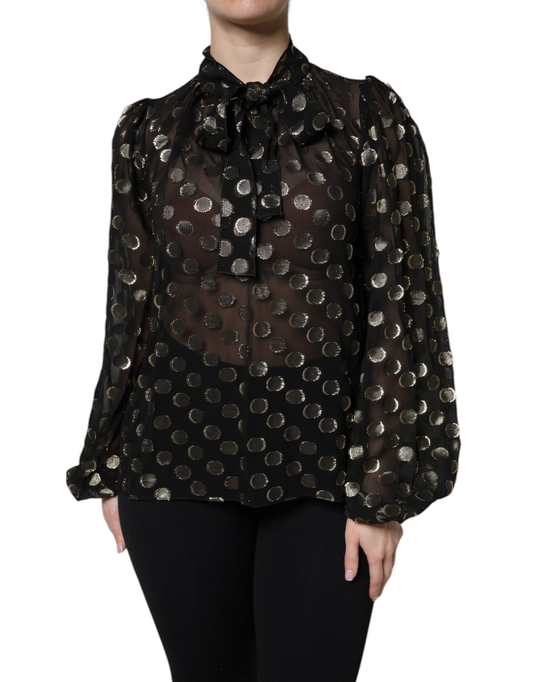 Dolce & Gabbana Black Sheer Tied Neck Polka Dots Blouse Top | Regal Royce