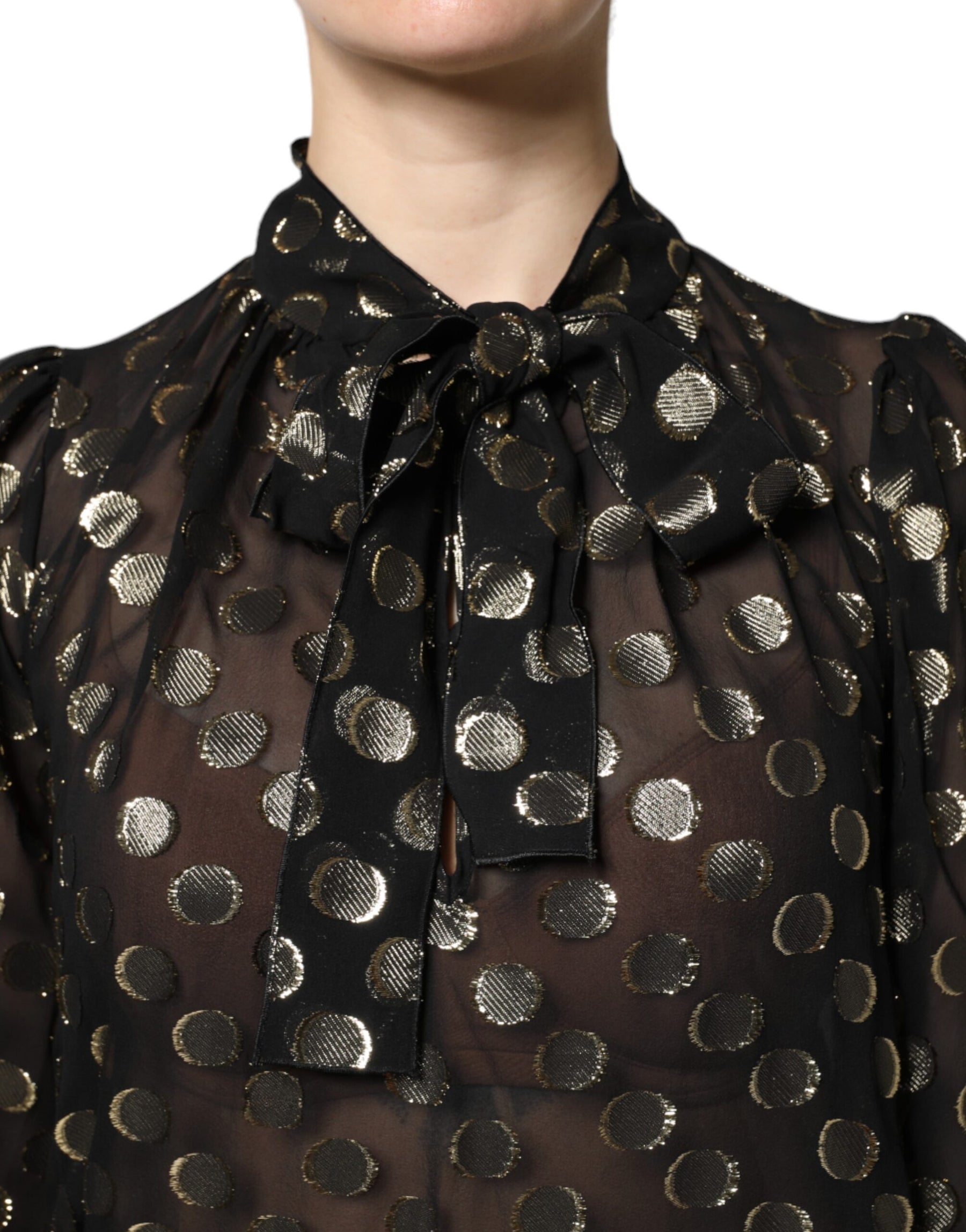 Dolce & Gabbana Black Sheer Tied Neck Polka Dots Blouse Top | Regal Royce