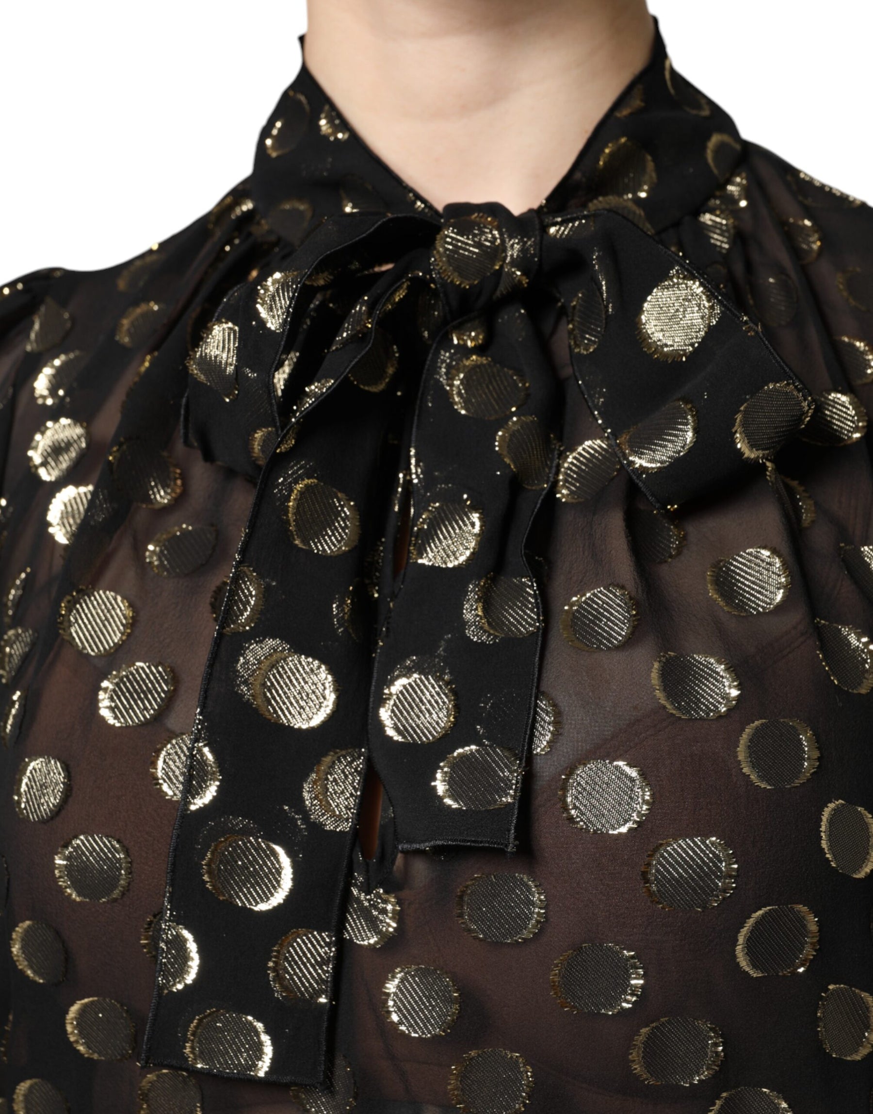 Dolce & Gabbana Black Sheer Tied Neck Polka Dots Blouse Top | Regal Royce