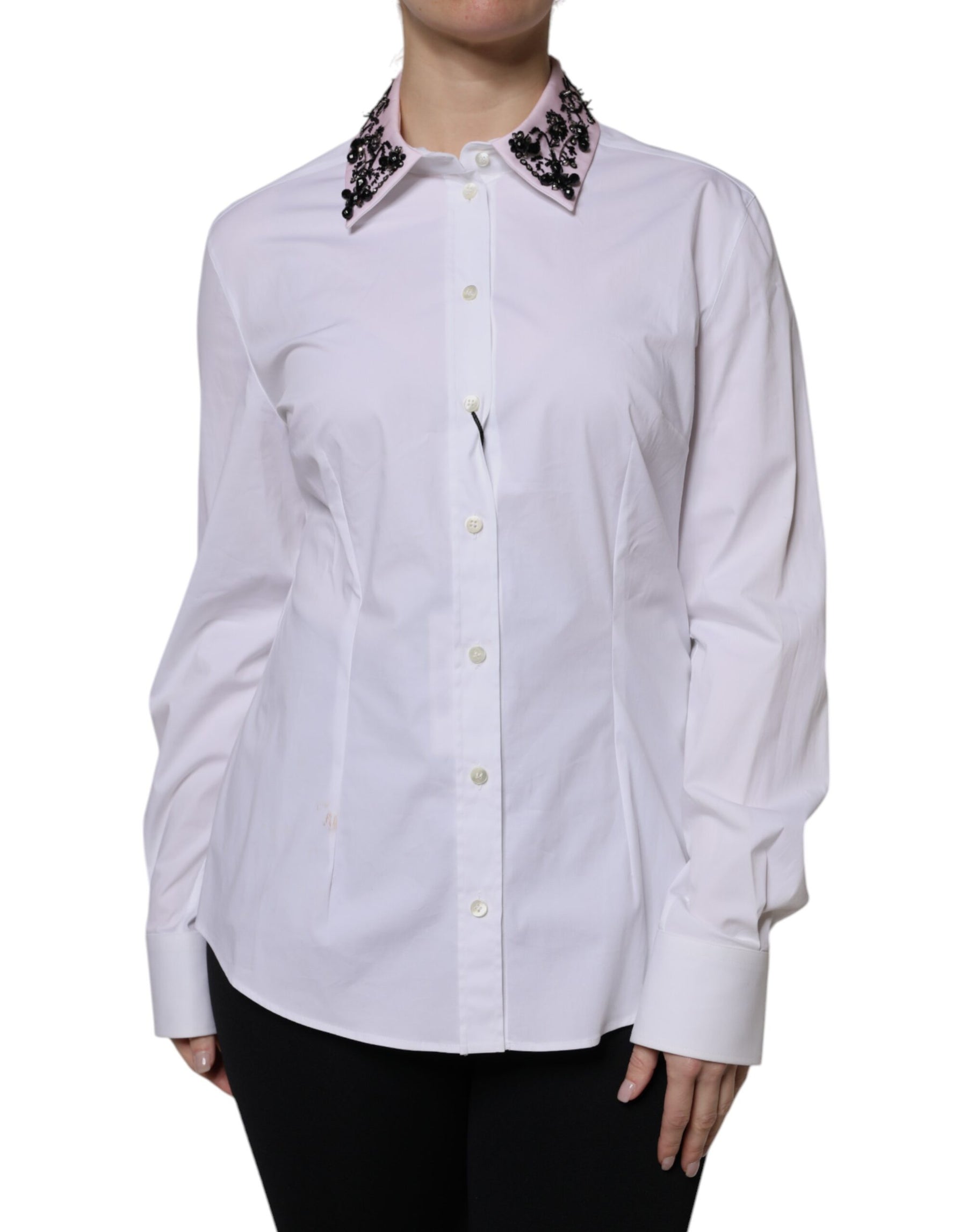 Dolce & Gabbana White Embellished Collared Dress Shirt Top | Regal Royce