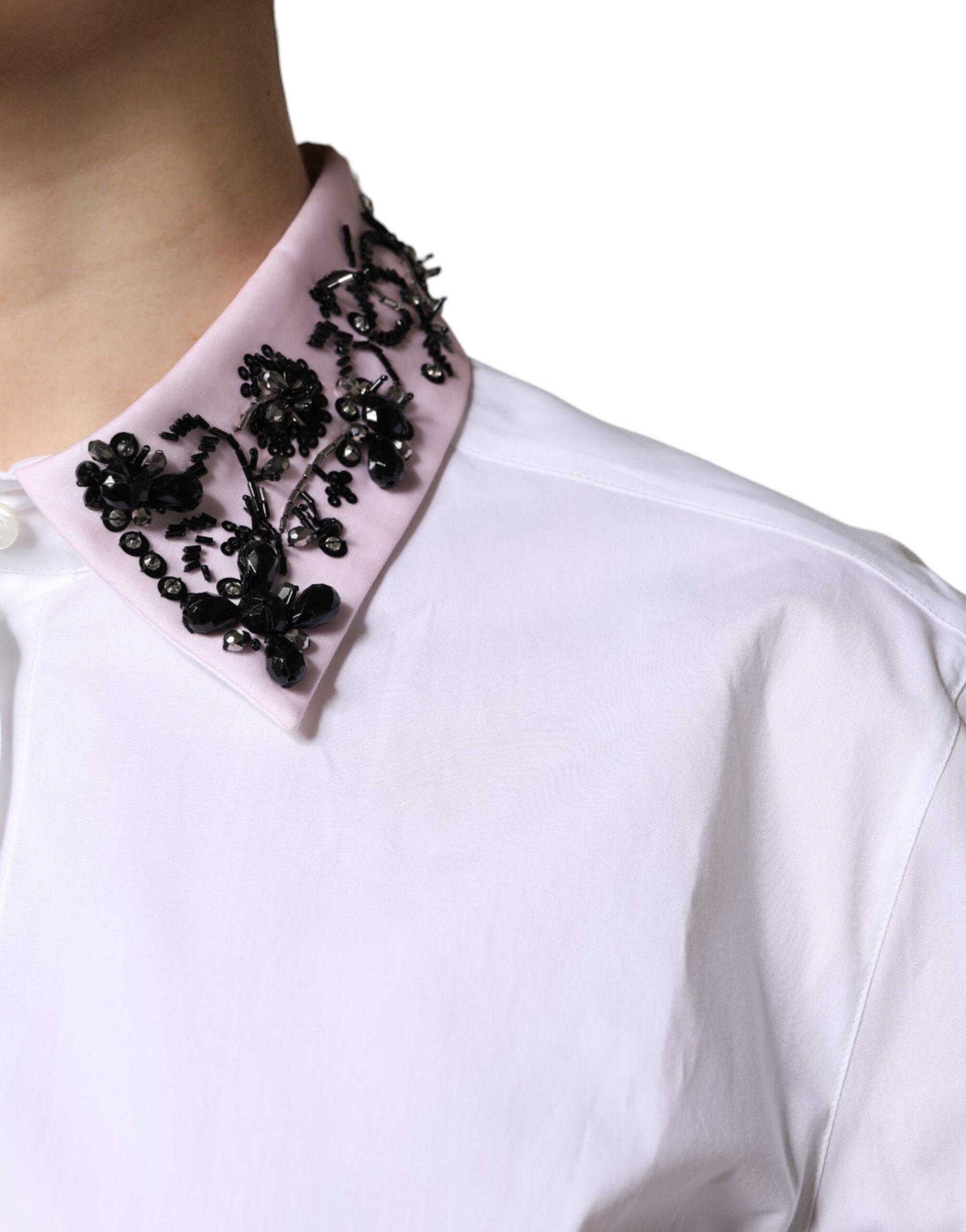 Dolce & Gabbana White Embellished Collared Dress Shirt Top | Regal Royce