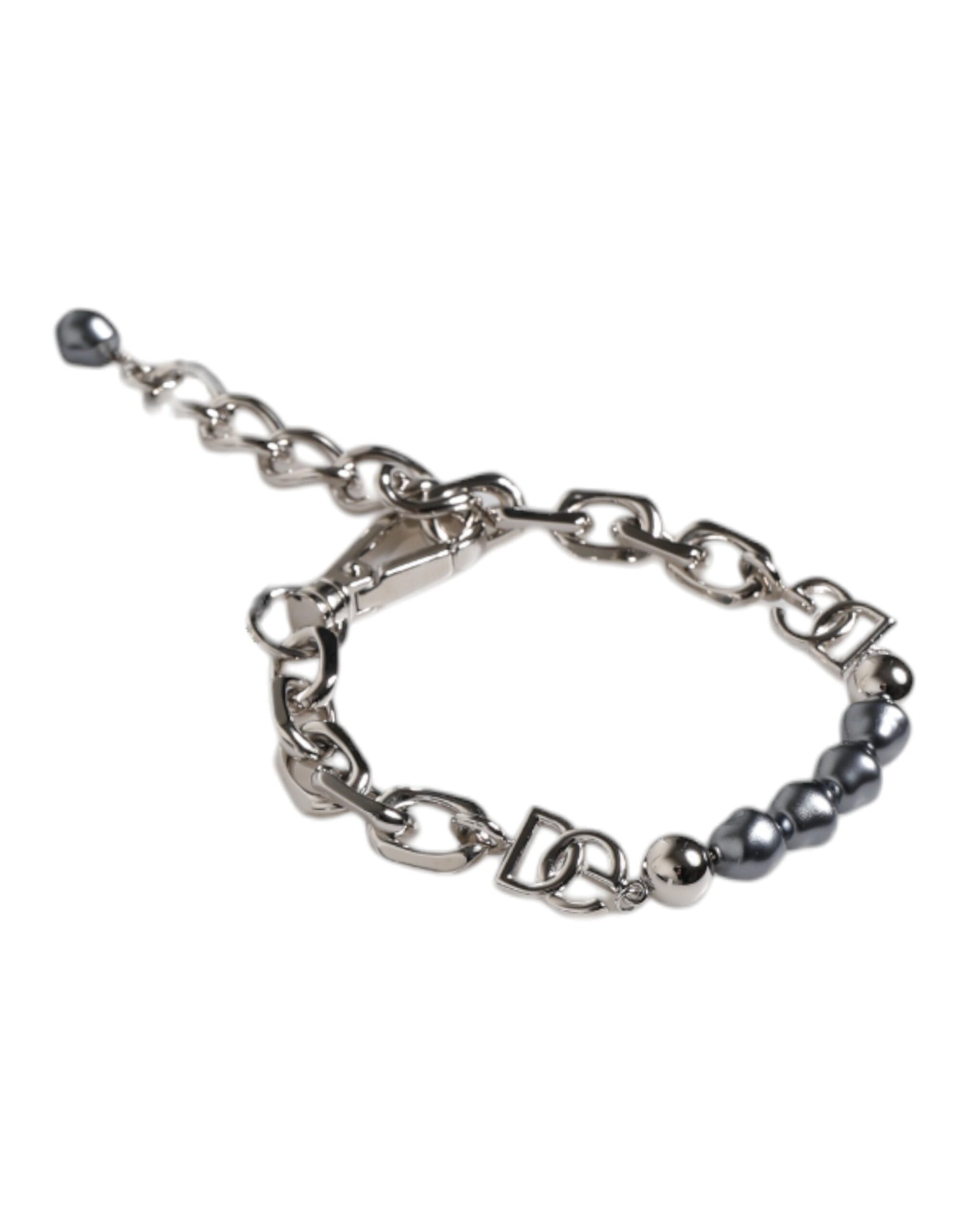Dolce & Gabbana Silver Tone Chain Lobster Clasp Logo Gray Pearls Bracelet | Regal Royce