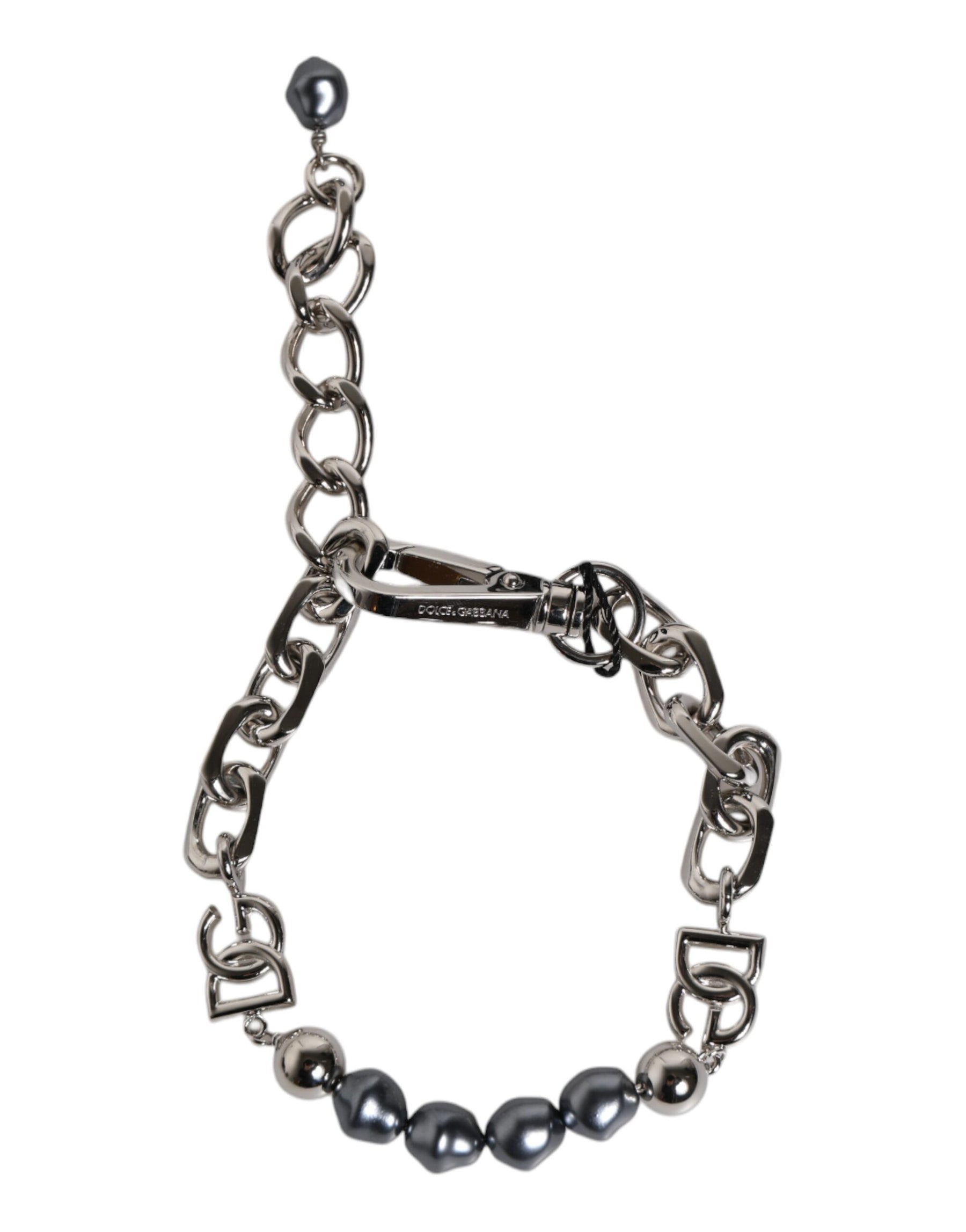 Dolce & Gabbana Silver Tone Chain Lobster Clasp Logo Gray Pearls Bracelet | Regal Royce