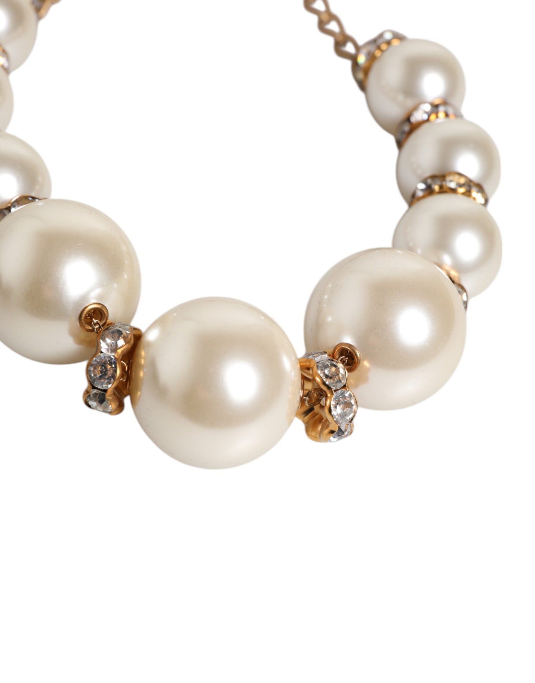Dolce & Gabbana White Maxi Faux Pearl Beads Crystals Gold Chain Necklace | Regal Royce