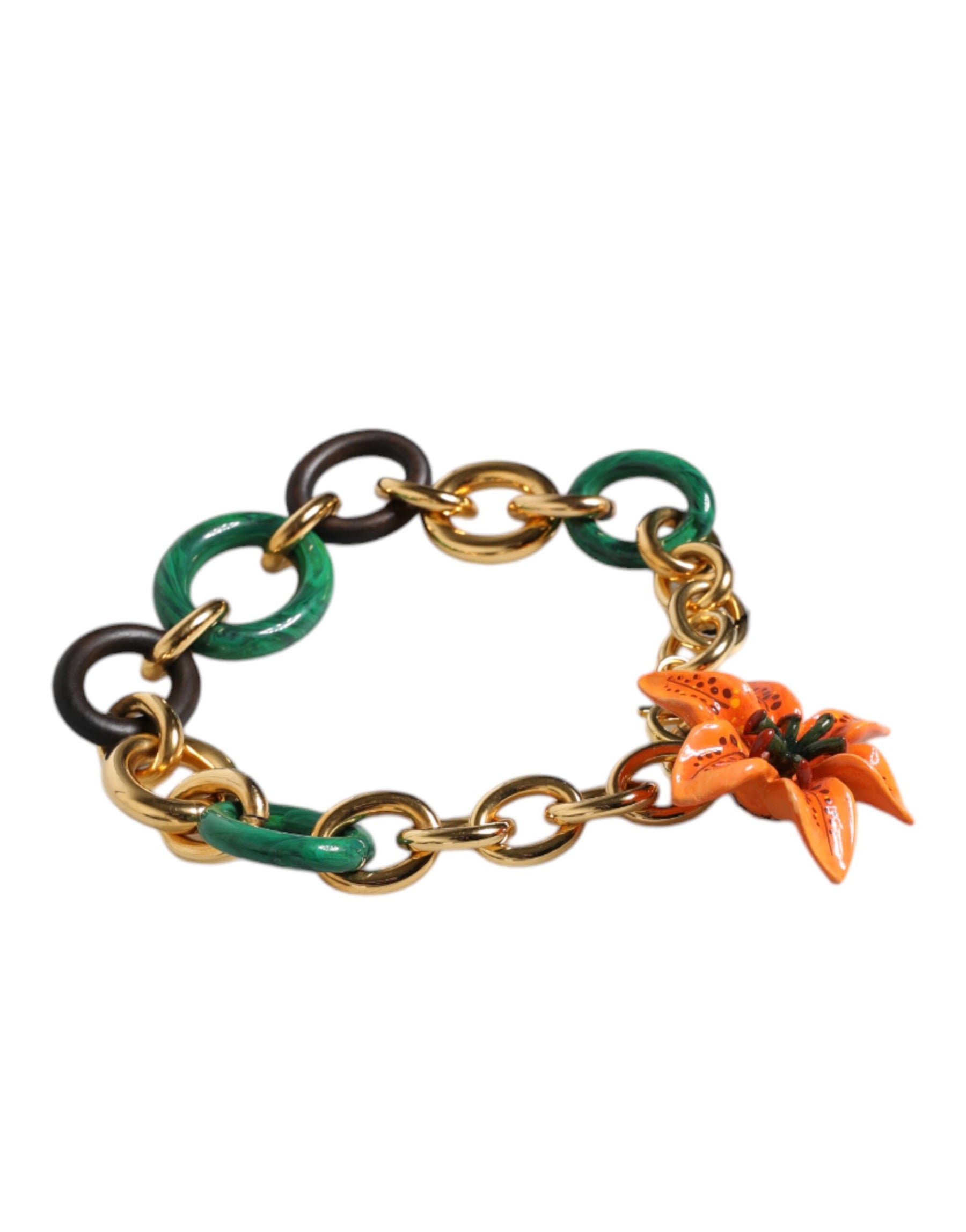 Dolce & Gabbana Multicolor Gold Brass Orange Lily Floral Chain Necklace | Regal Royce