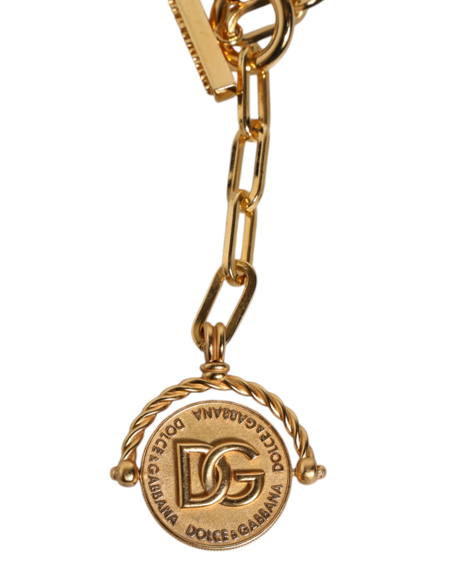 Dolce & Gabbana Gold Chain Brass Faux Pearl Charm Logo Pendant Necklace | Regal Royce