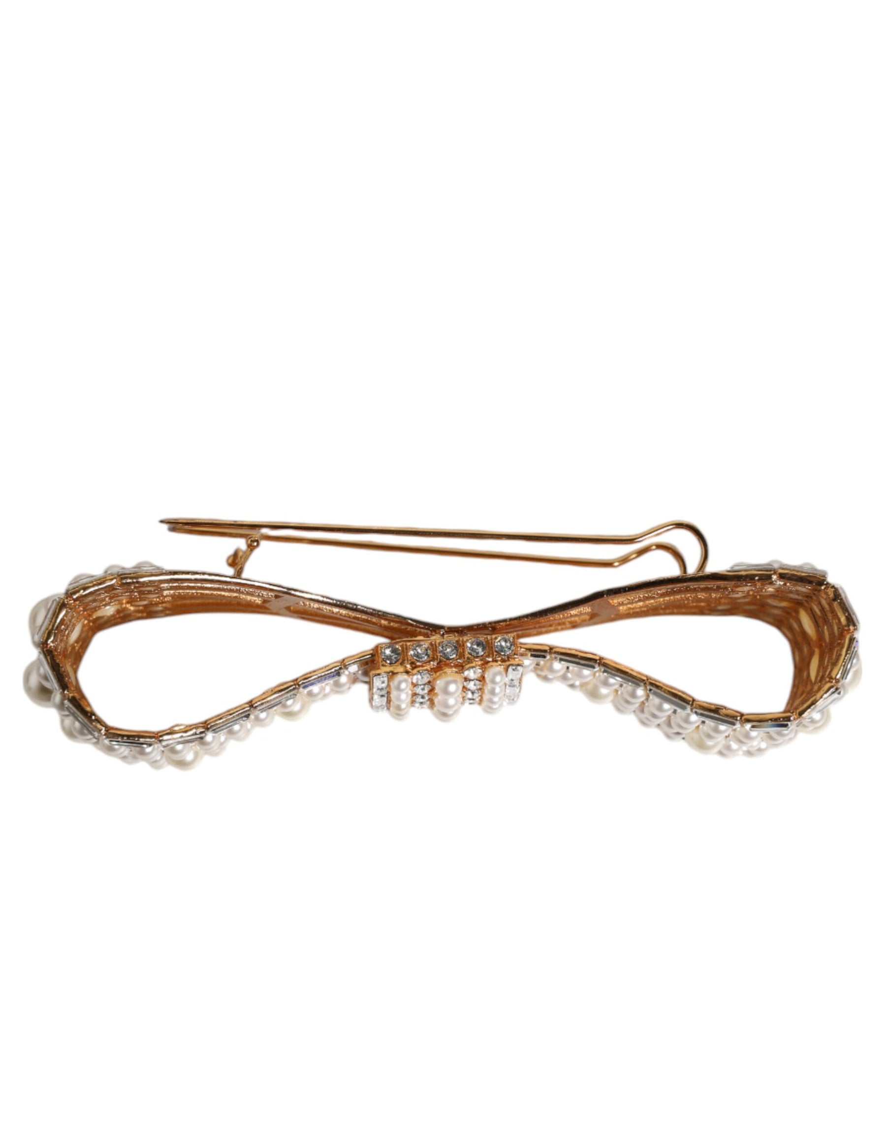 Dolce & Gabbana Gold Tone Brass Bow Crystal FauxPearl Embellished Brooch | Regal Royce