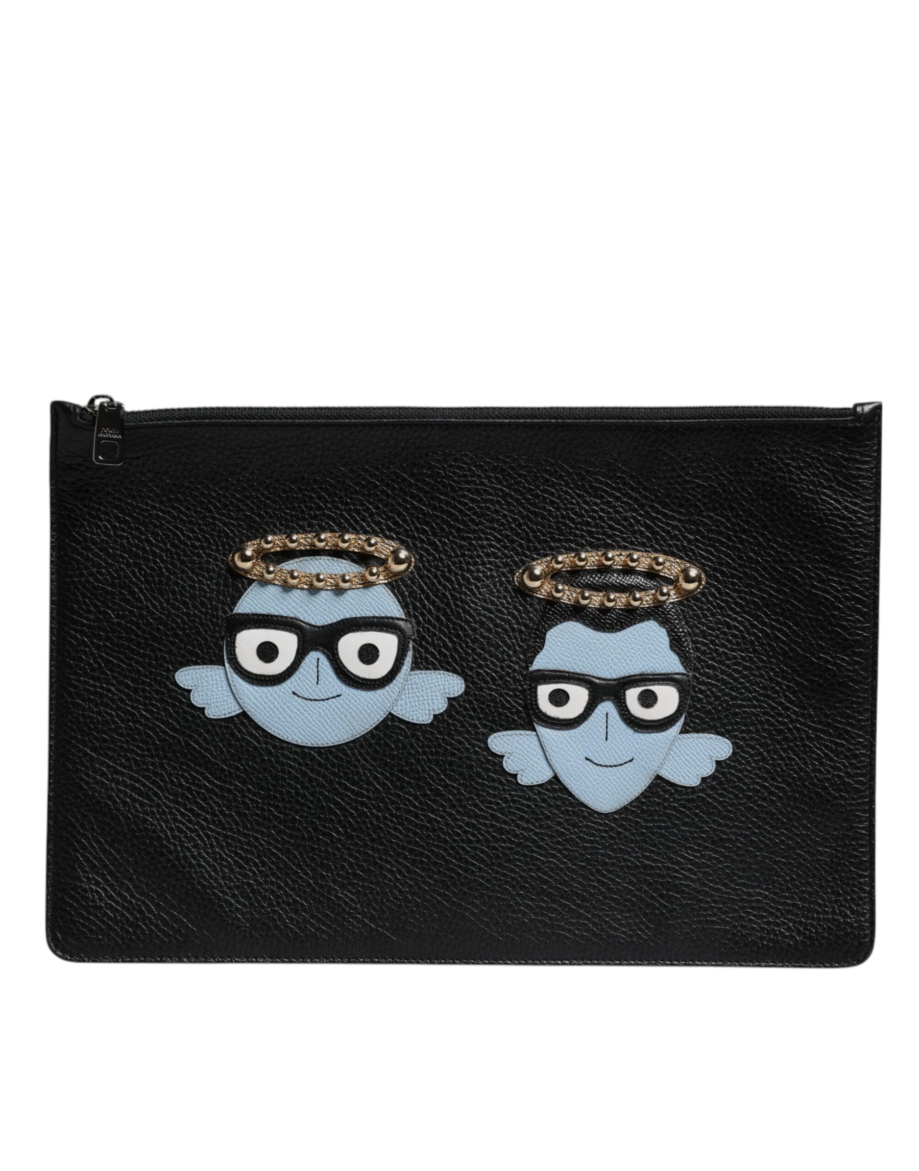 Dolce & Gabbana Black Leather #DGFAMILY Embellished Men Zip Pouch Bag | Regal Royce