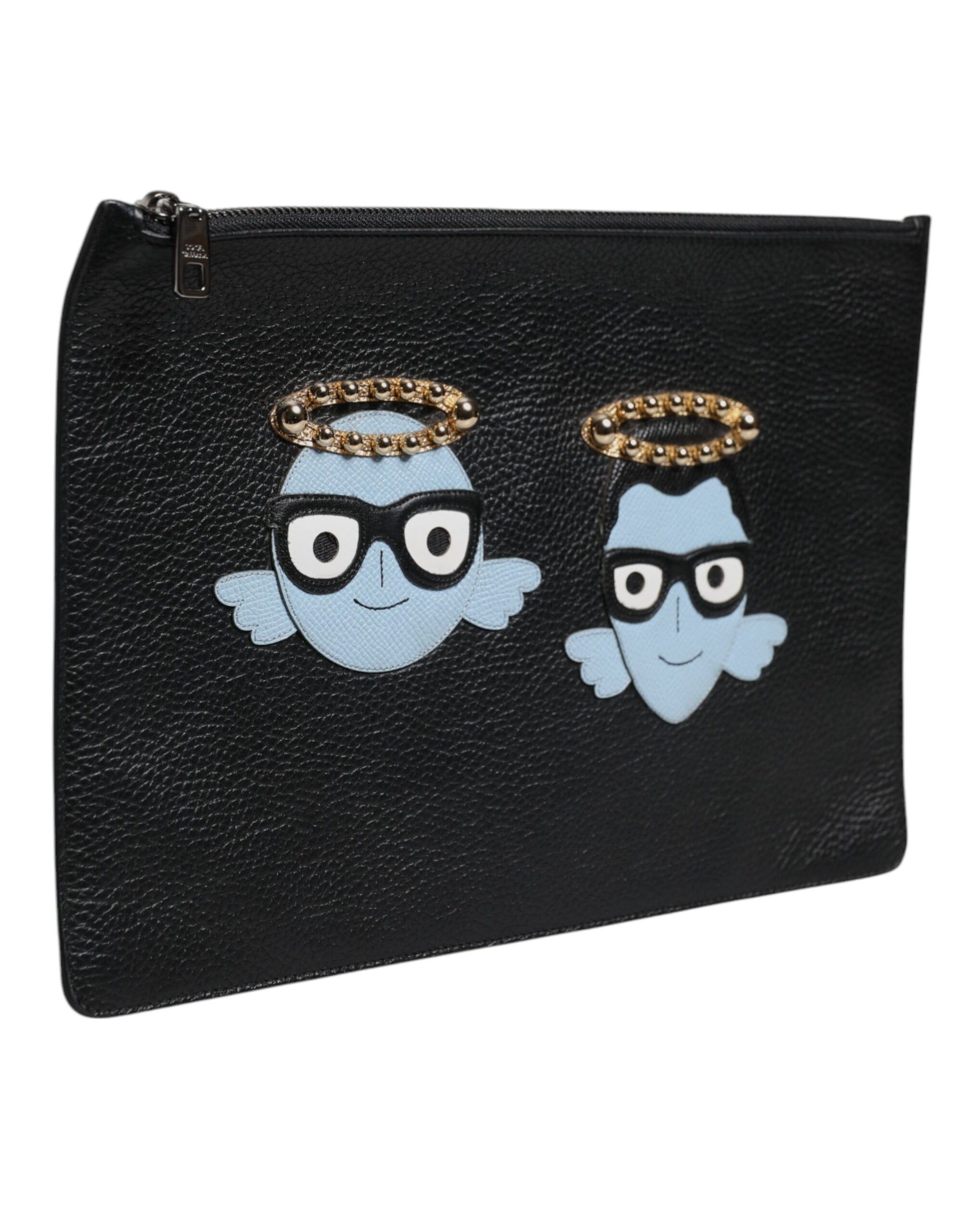 Dolce & Gabbana Black Leather #DGFAMILY Embellished Men Zip Pouch Bag | Regal Royce