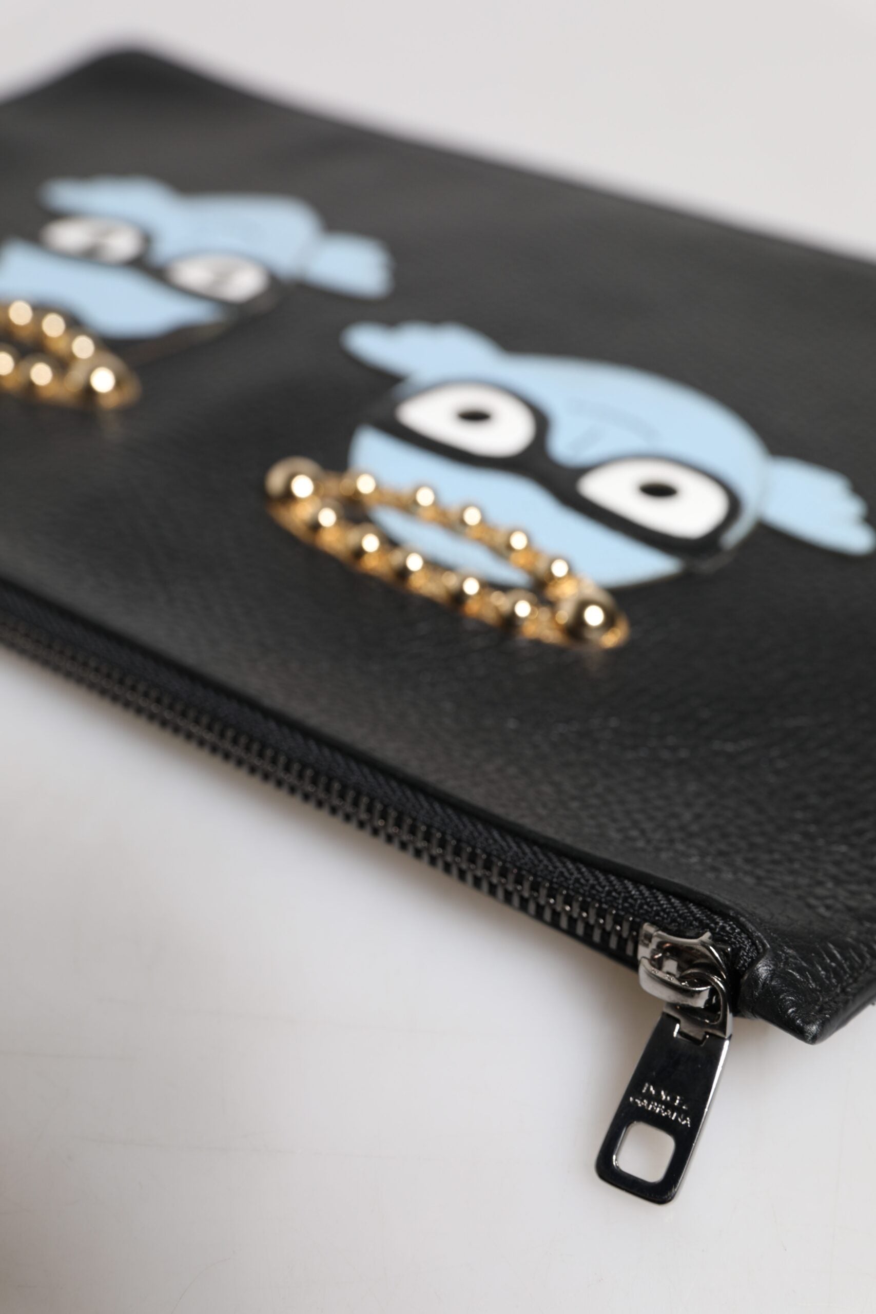 Dolce & Gabbana Black Leather #DGFAMILY Embellished Men Zip Pouch Bag | Regal Royce