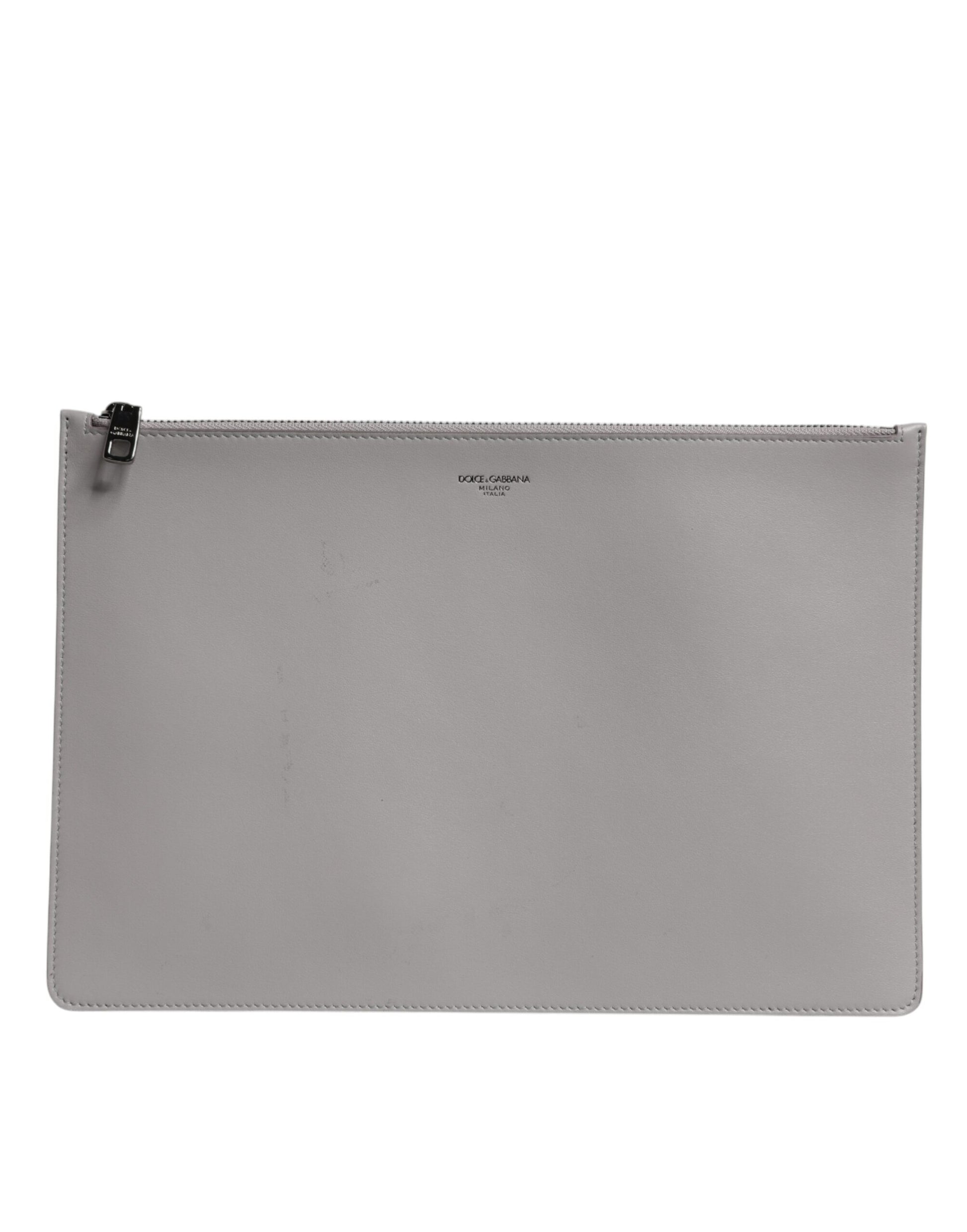 Dolce & Gabbana Gray Solid Leather DG Logo Men Clutch Zip Pouch Bag
