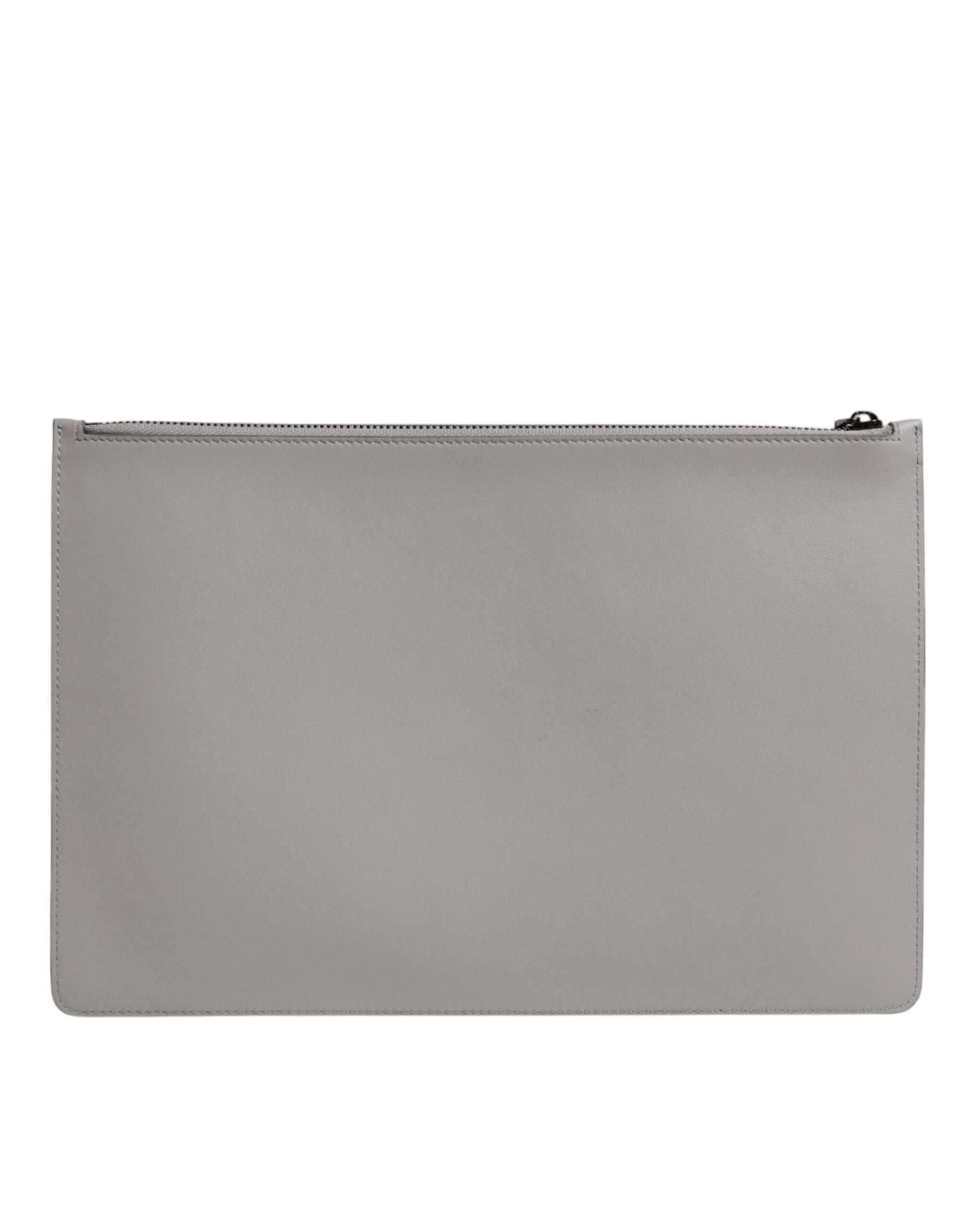 Dolce & Gabbana Gray Solid Leather DG Logo Men Clutch Zip Pouch Bag | Regal Royce
