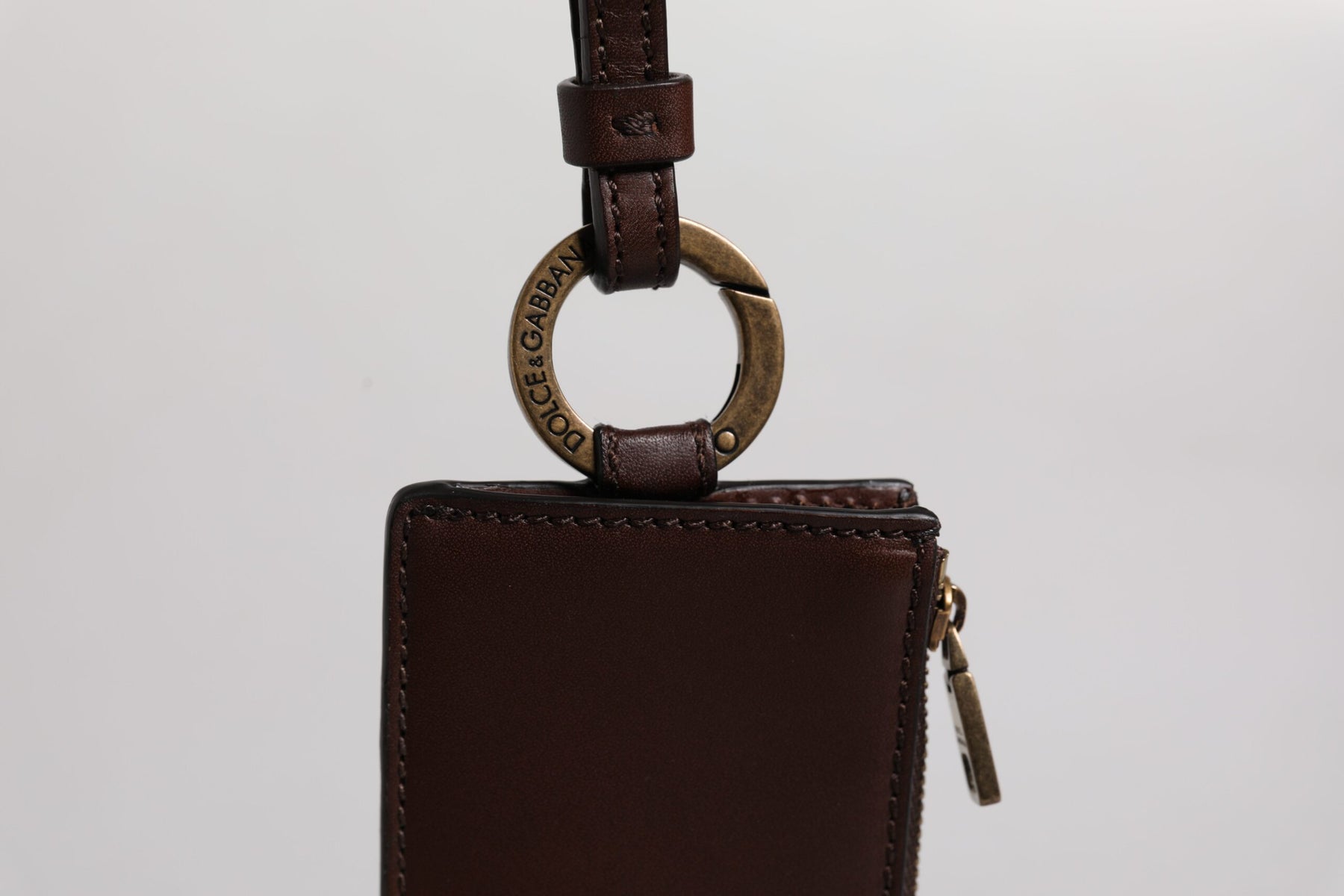 Dolce & Gabbana Brown Calf Leather Lanyard Logo Card Holder Wallet | Regal Royce