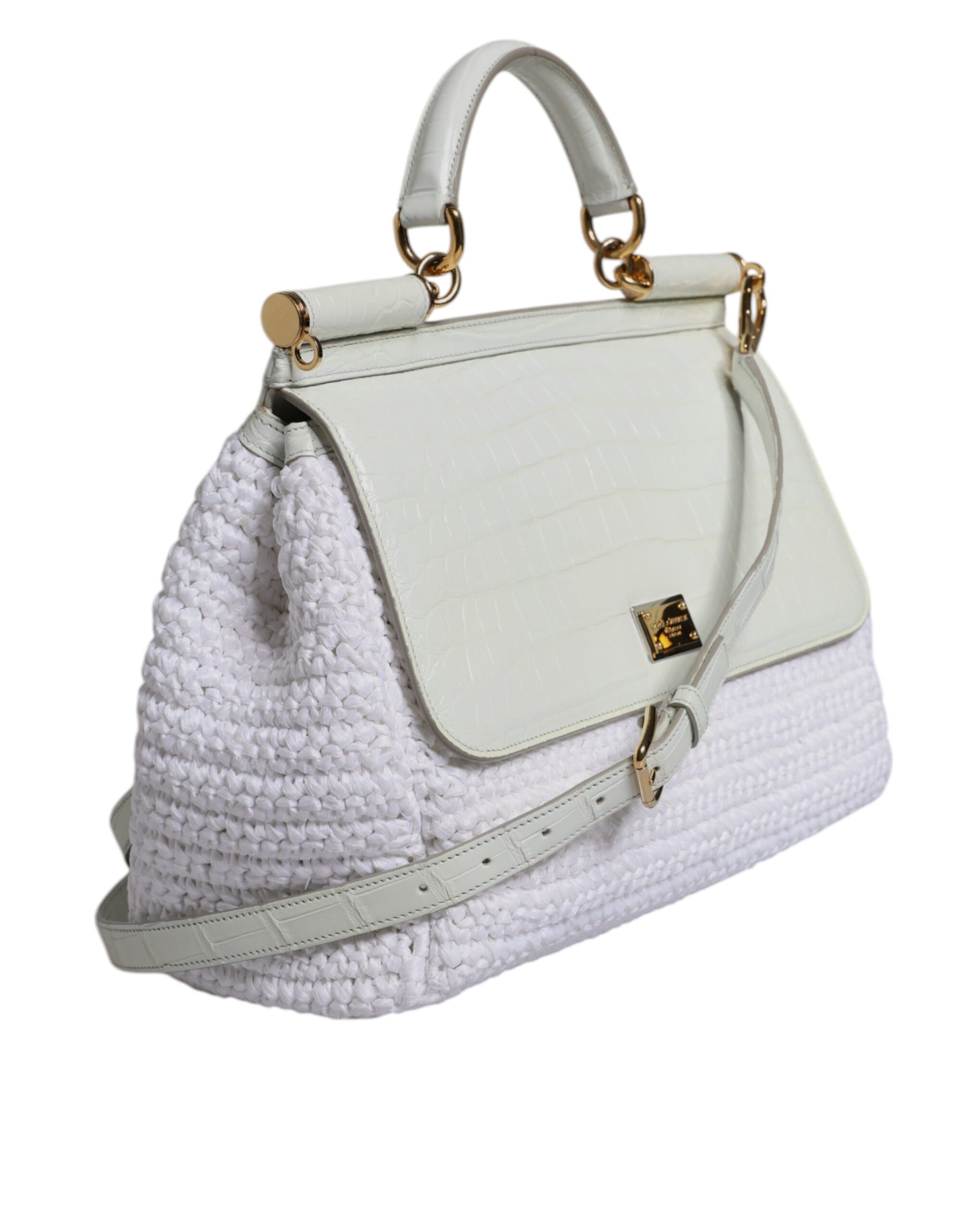 Dolce & Gabbana White Rafia Leather Top Handle Crossbody Bag | Regal Royce