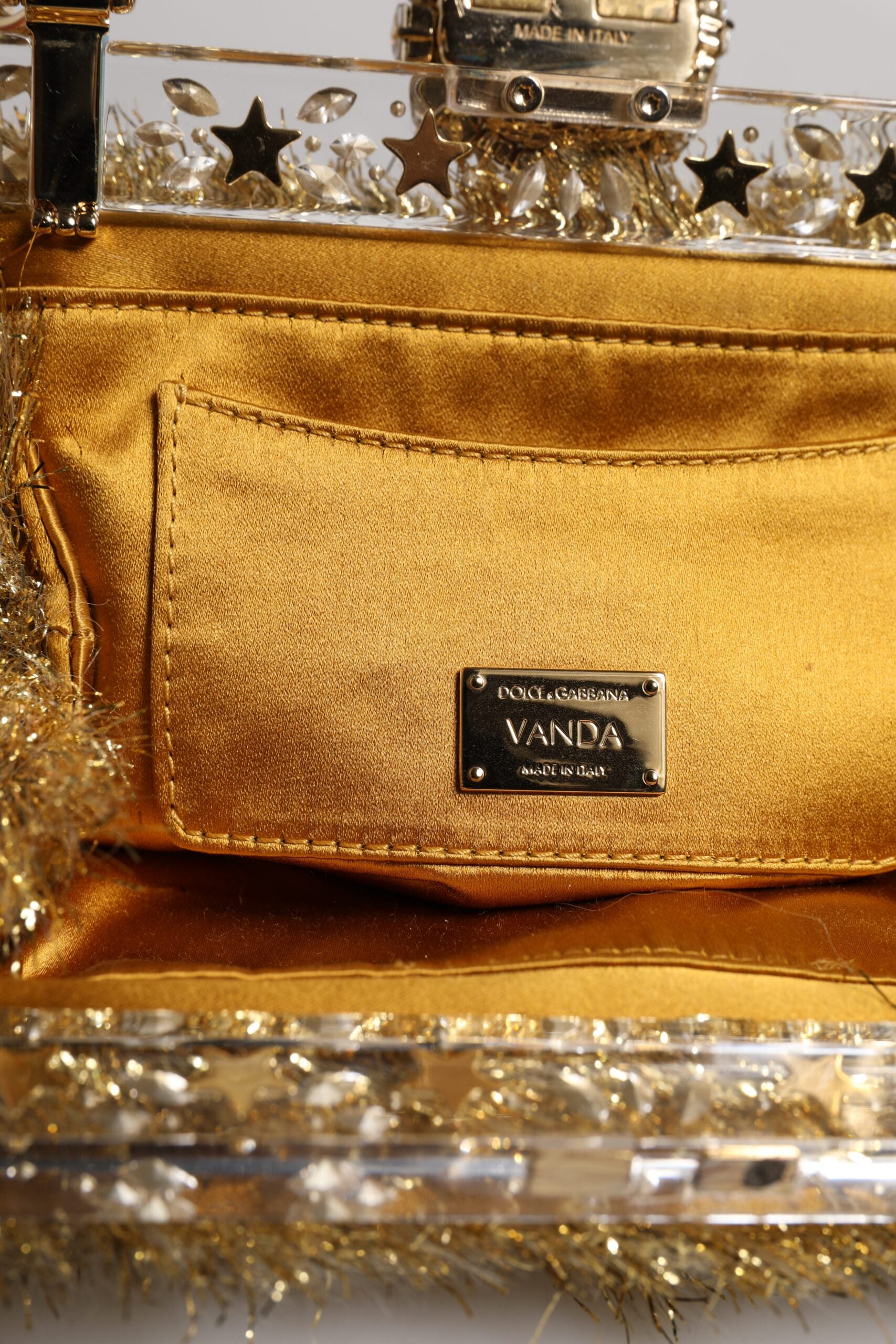 Dolce & Gabbana Gold Vanda Chain Strap Tinsel Crystal Evening Clutch Bag | Regal Royce