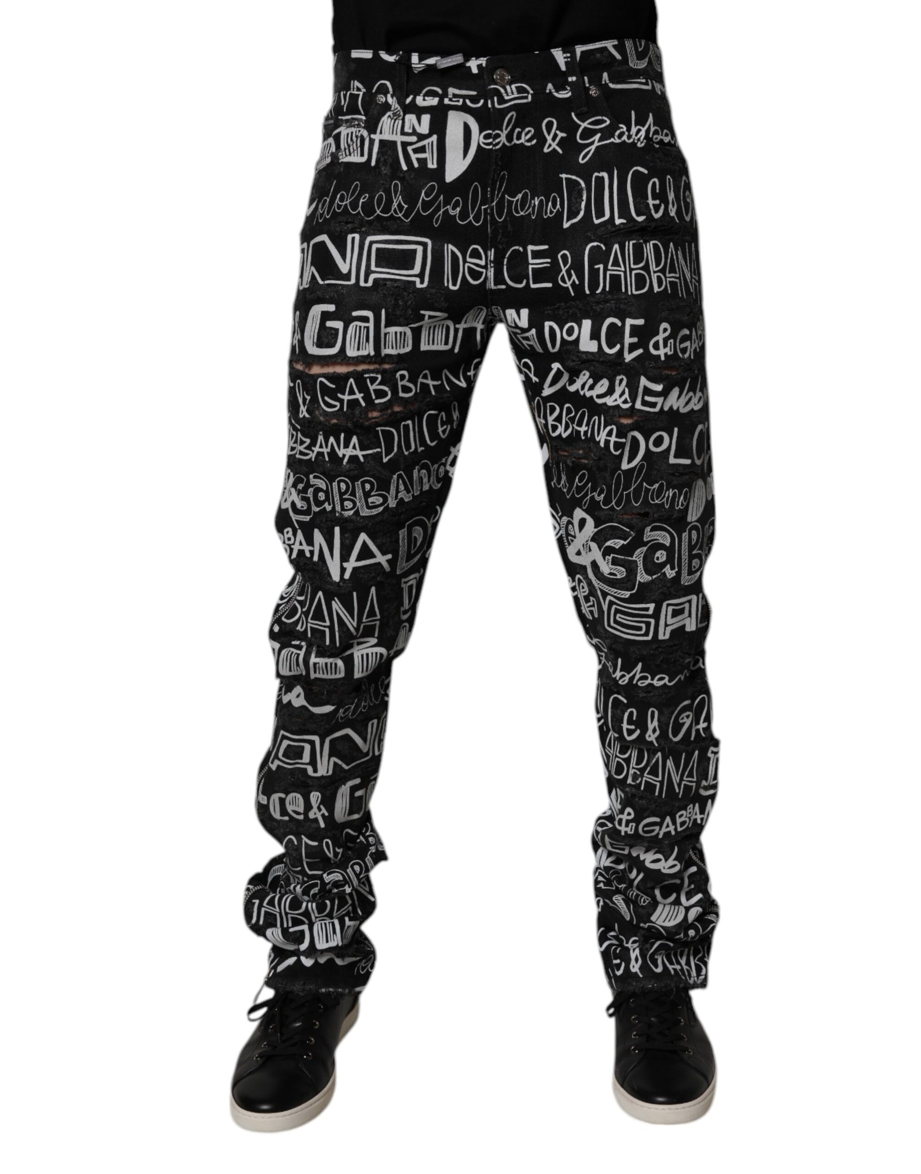 Dolce & Gabbana Black Cotton Logo Print Straight Denim Jeans | Regal Royce