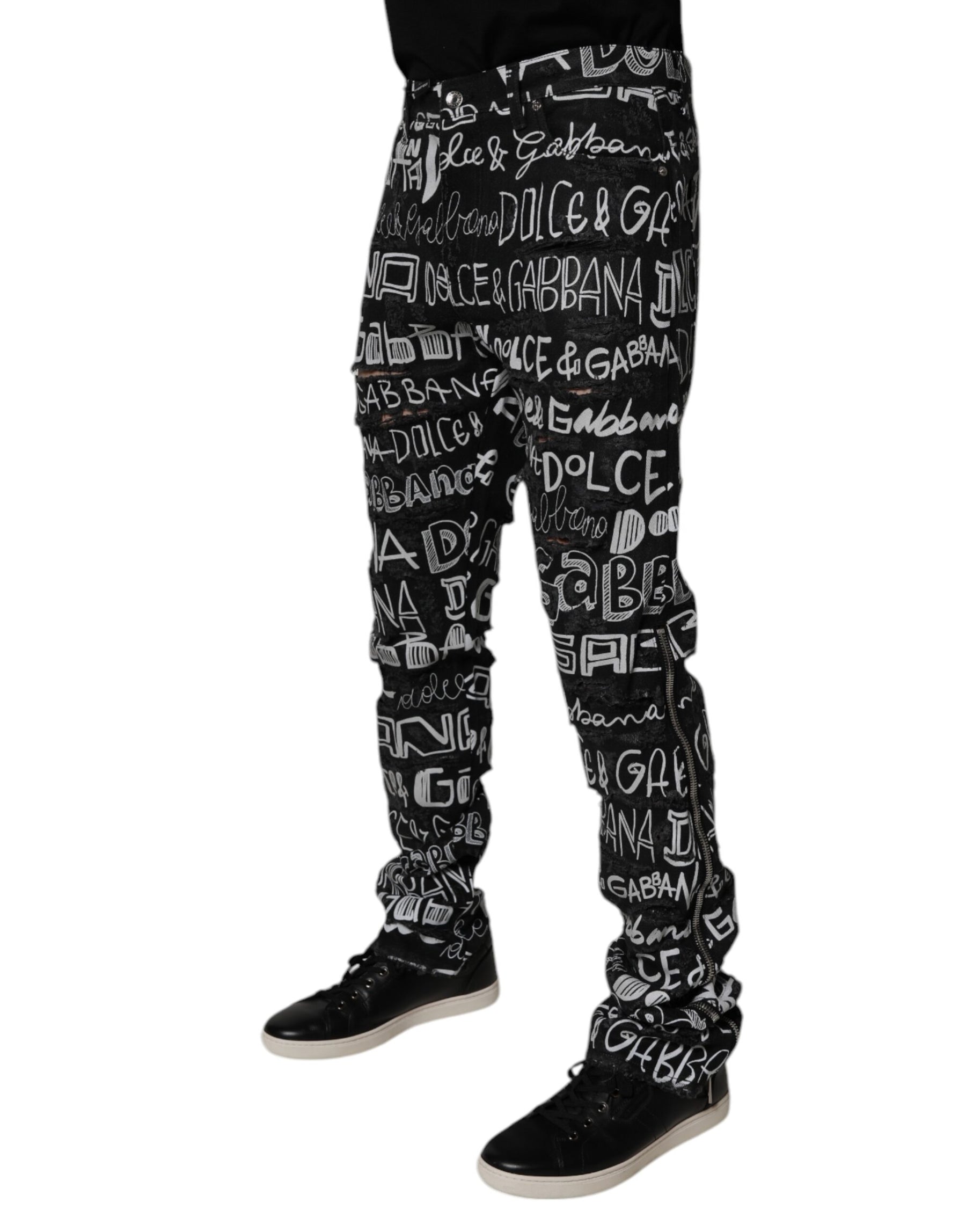 Dolce & Gabbana Black Cotton Logo Print Straight Denim Jeans | Regal Royce