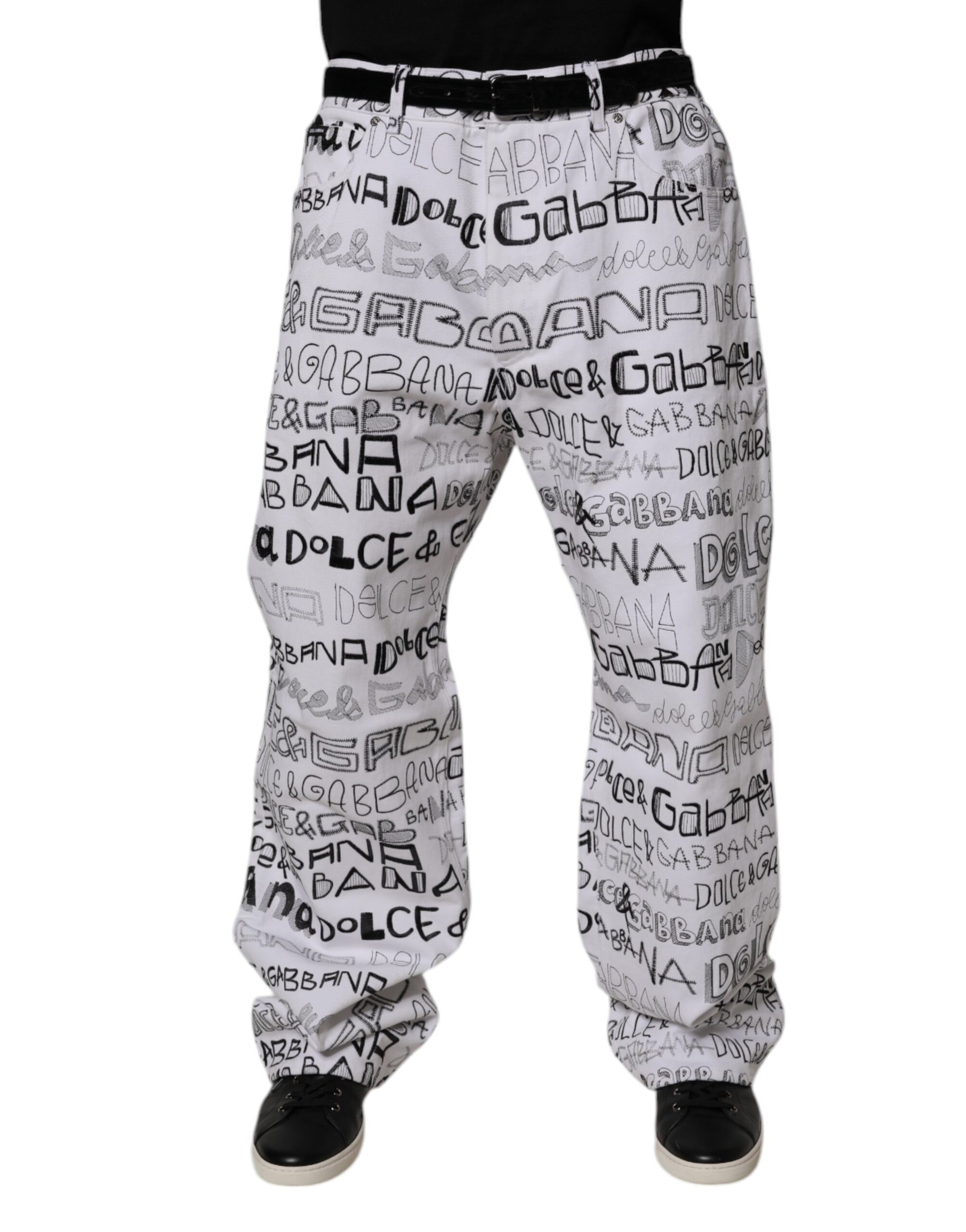 Dolce & Gabbana White Logo Print Straight Men Denim Jeans | Regal Royce