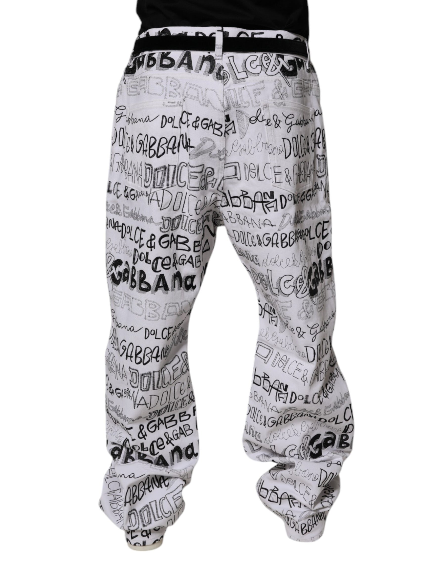 Dolce & Gabbana White Logo Print Straight Men Denim Jeans | Regal Royce