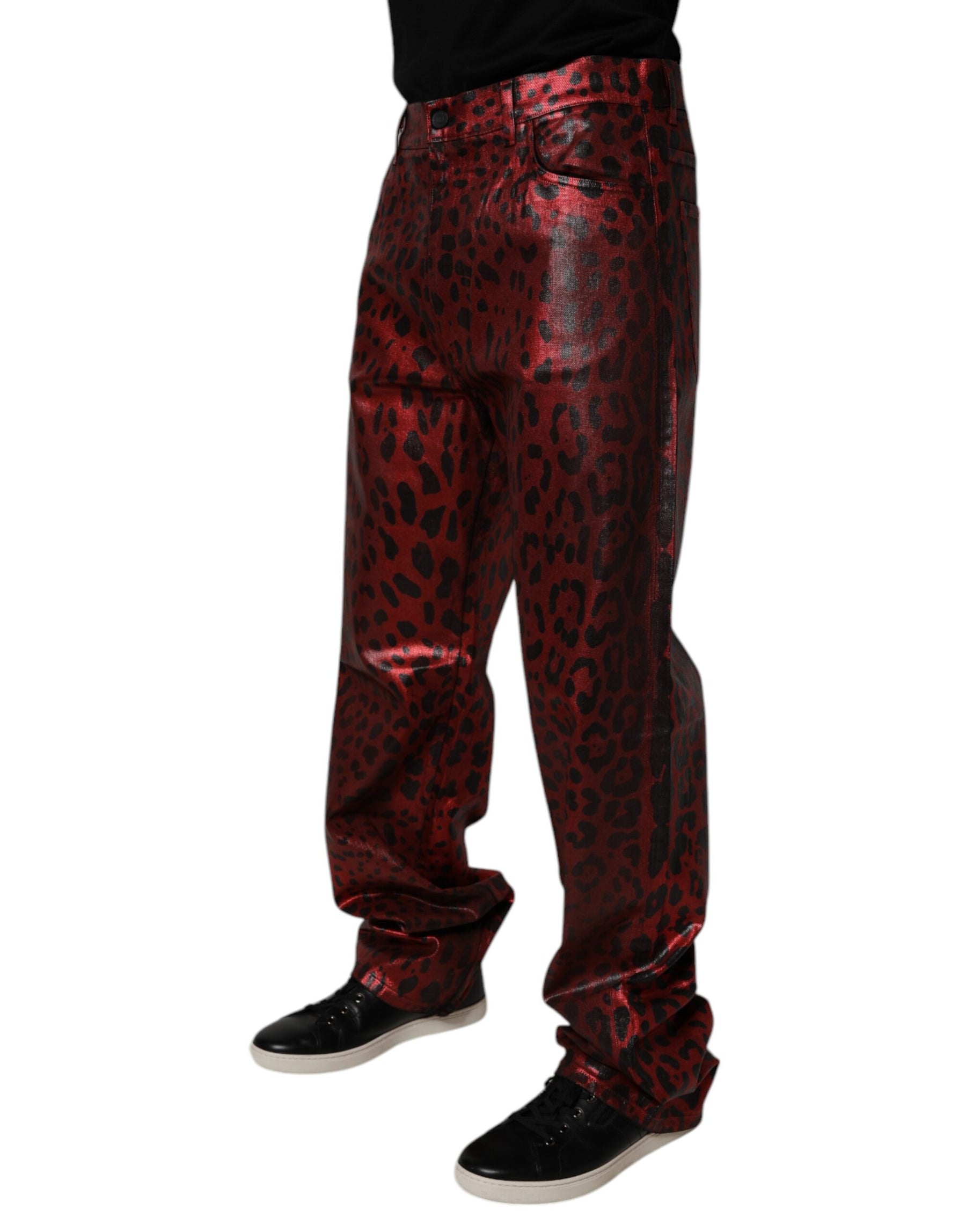 Dolce & Gabbana Red Leopard Cotton Straight Men Denim Jeans | Regal Royce