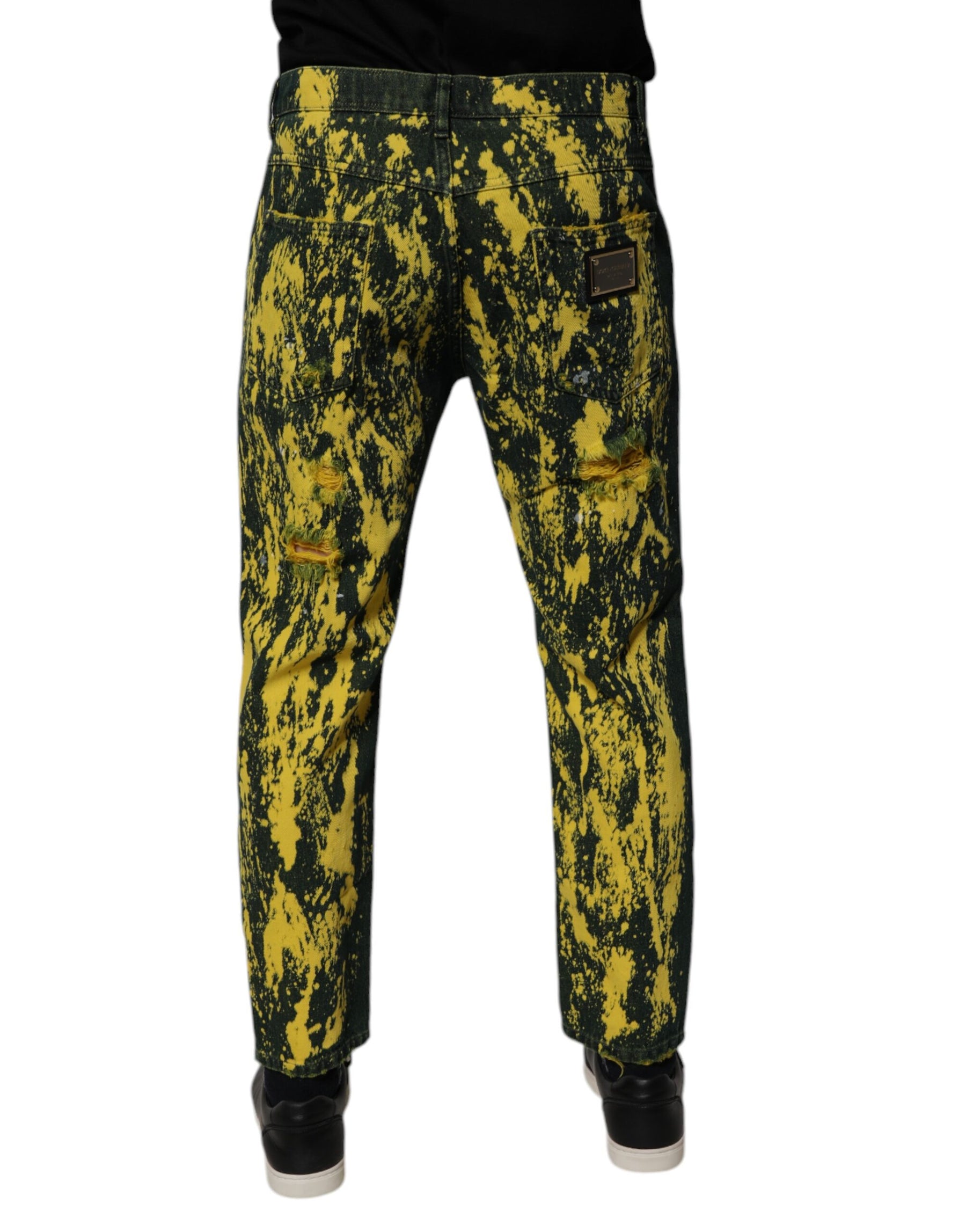 Dolce & Gabbana Black Yellow Tie Dye Tattered Skinny Men Denim Jeans | Regal Royce
