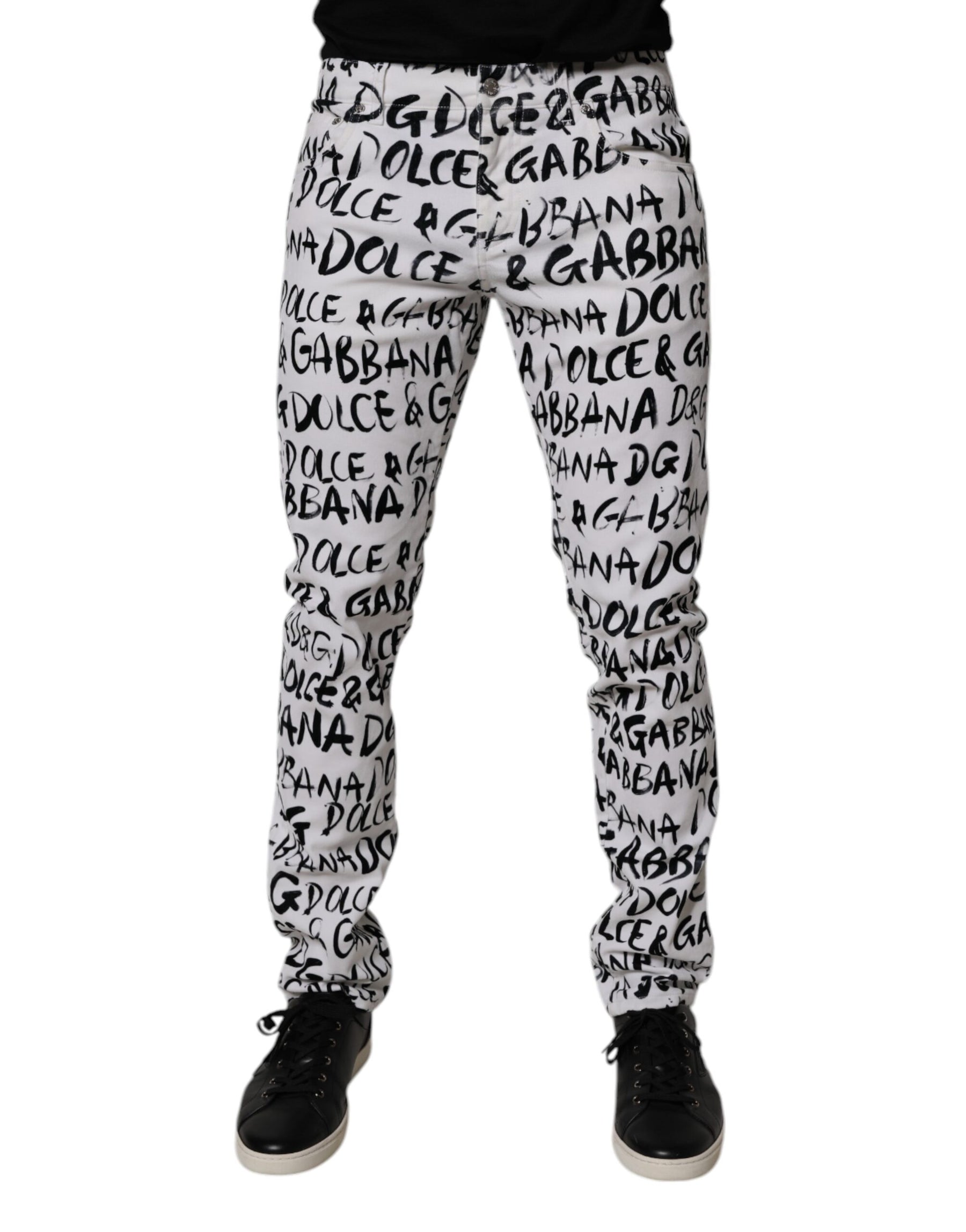 Dolce & Gabbana White Cotton Logo Print Skinny Denim Jeans | Regal Royce