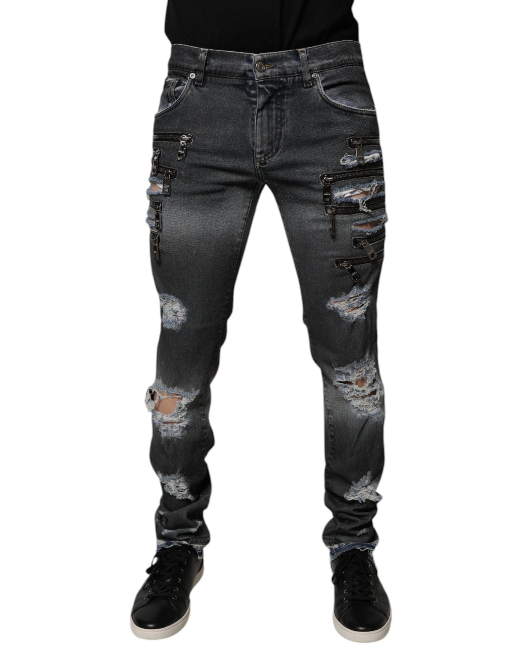 Dolce & Gabbana Dark Gray Tattered Cotton Skinny Denim Jeans | Regal Royce