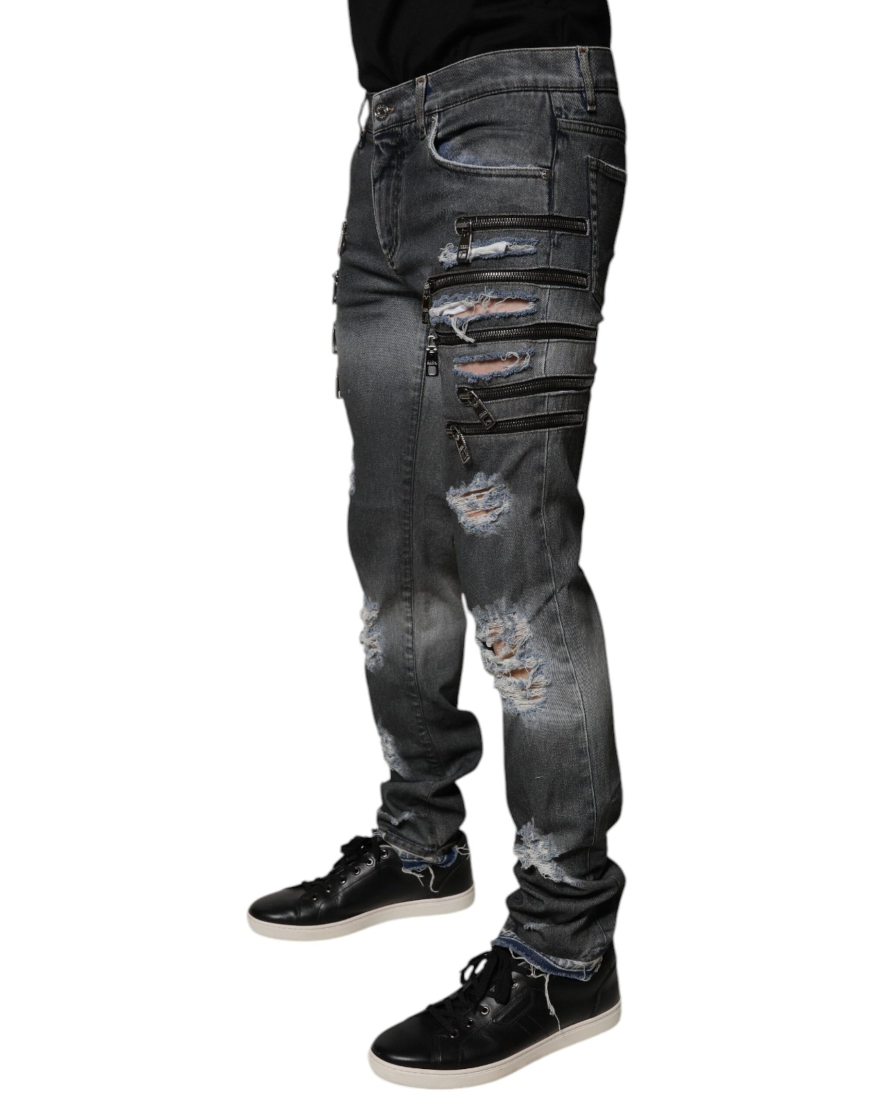 Dolce & Gabbana Dark Gray Tattered Cotton Skinny Denim Jeans | Regal Royce