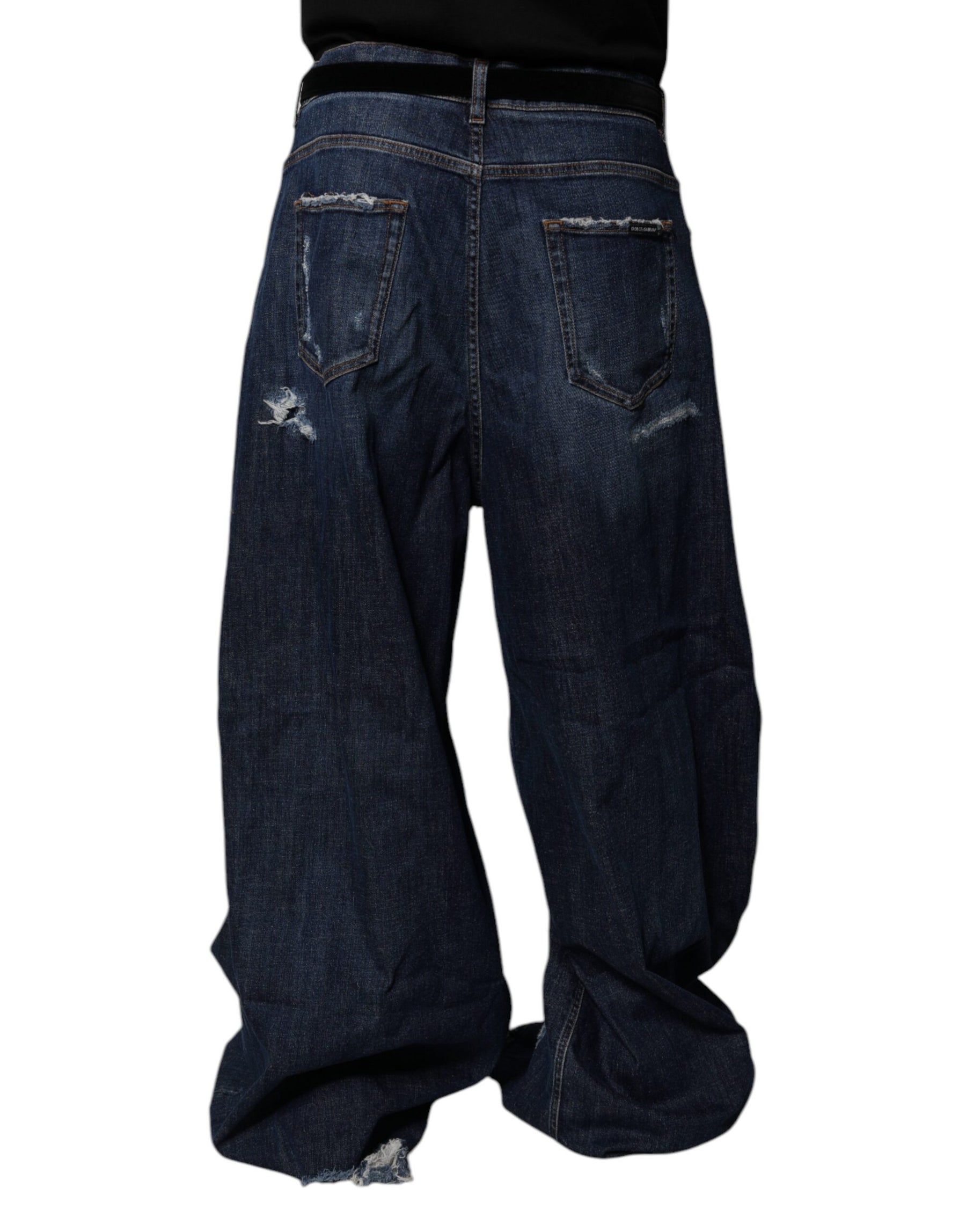 Dolce & Gabbana Dark Blue Tattered Wide Leg Men Denim Jeans | Regal Royce