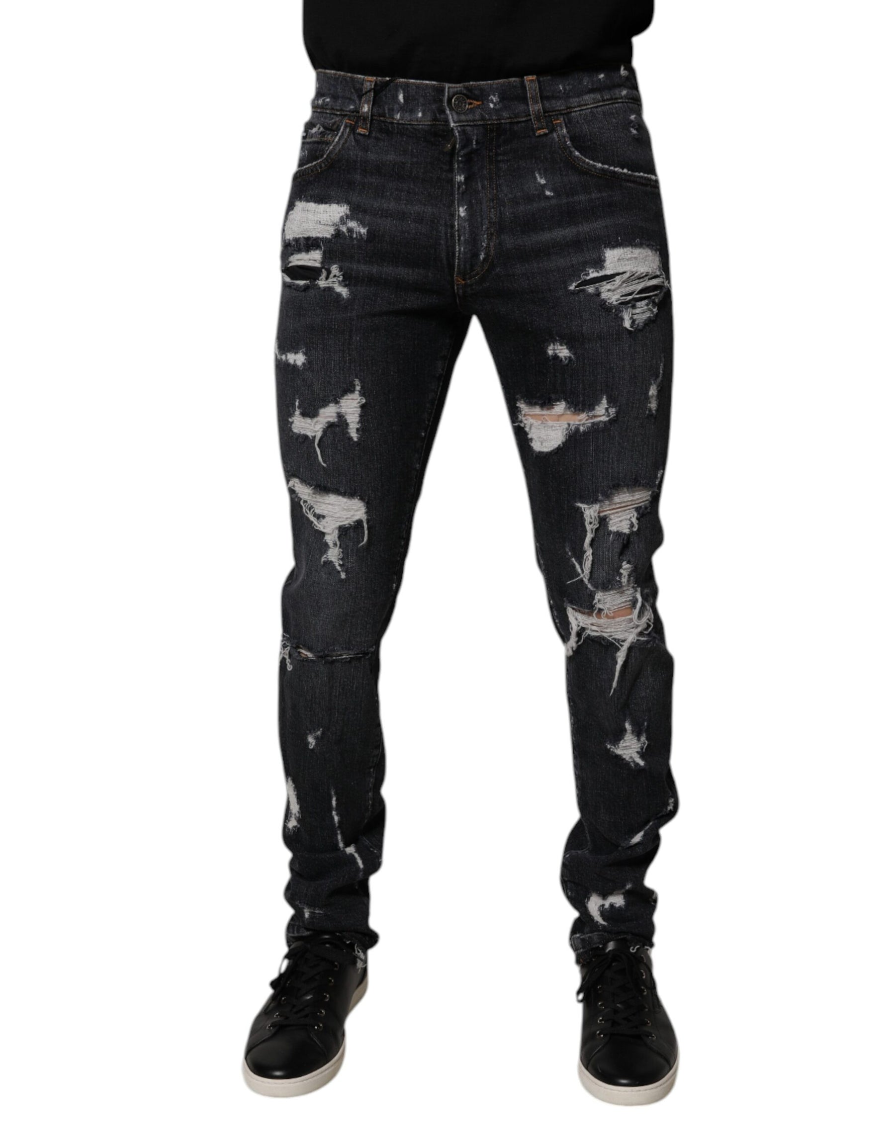 Dolce & Gabbana Black Tattered Cotton Skinny Men Denim Jeans | Regal Royce