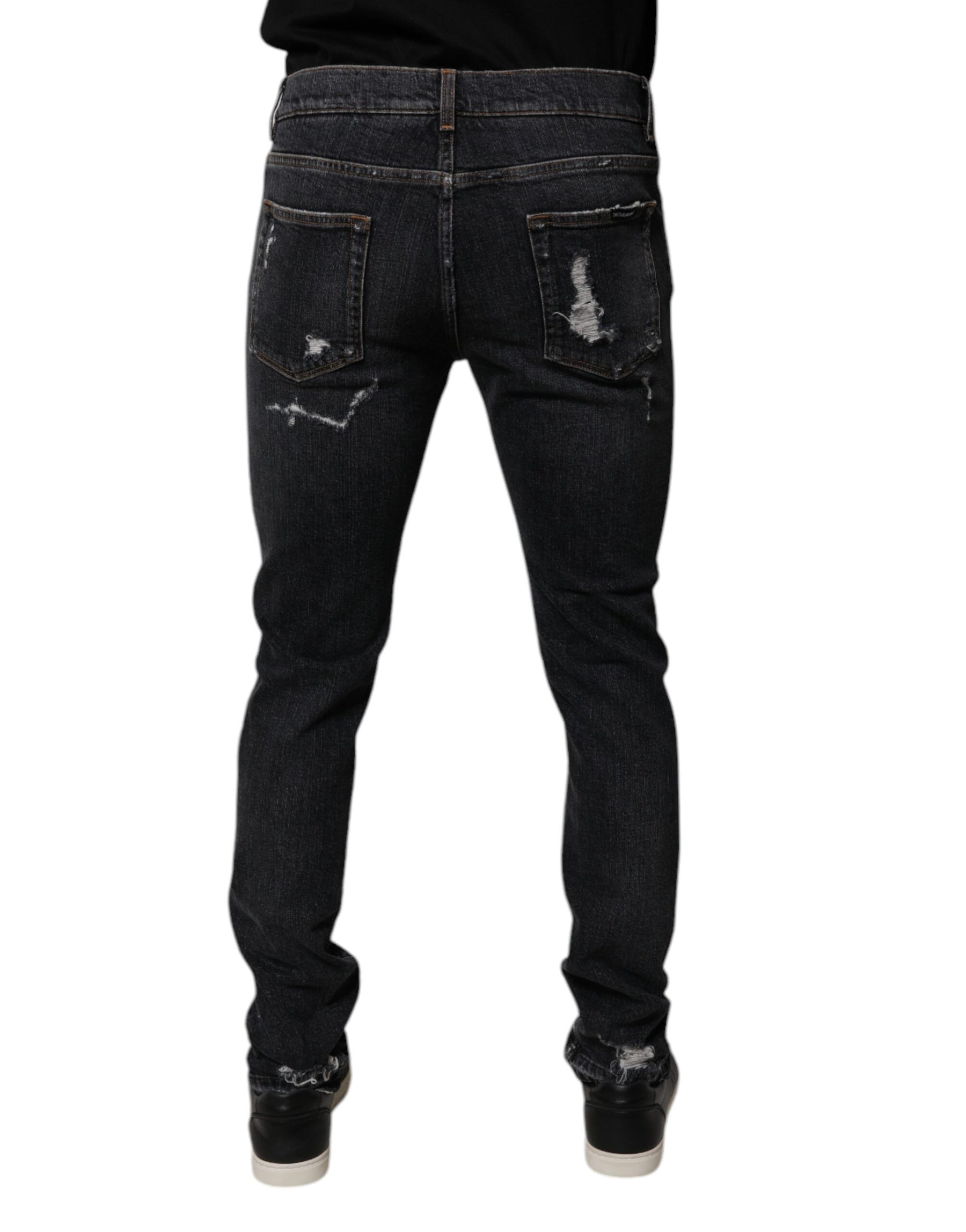 Dolce & Gabbana Black Tattered Cotton Skinny Men Denim Jeans | Regal Royce